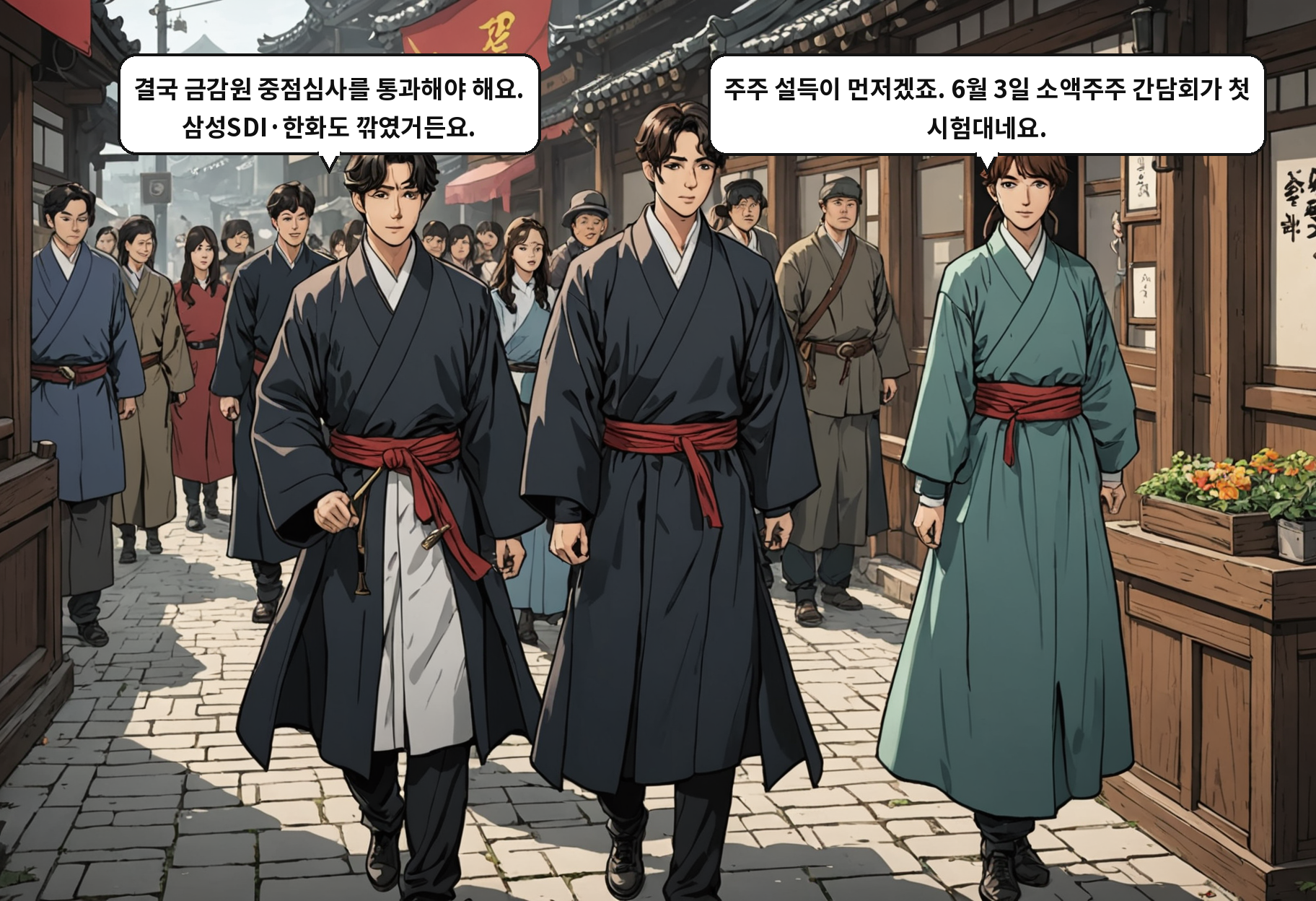 A: 결국 금감원 중점심사를 통과해야 해요. 삼성SDI·한화도 깎였거든요. B: 주주 설득이 먼저겠죠. 6월 3일 소액주주 간담회가 첫 시험대네요.