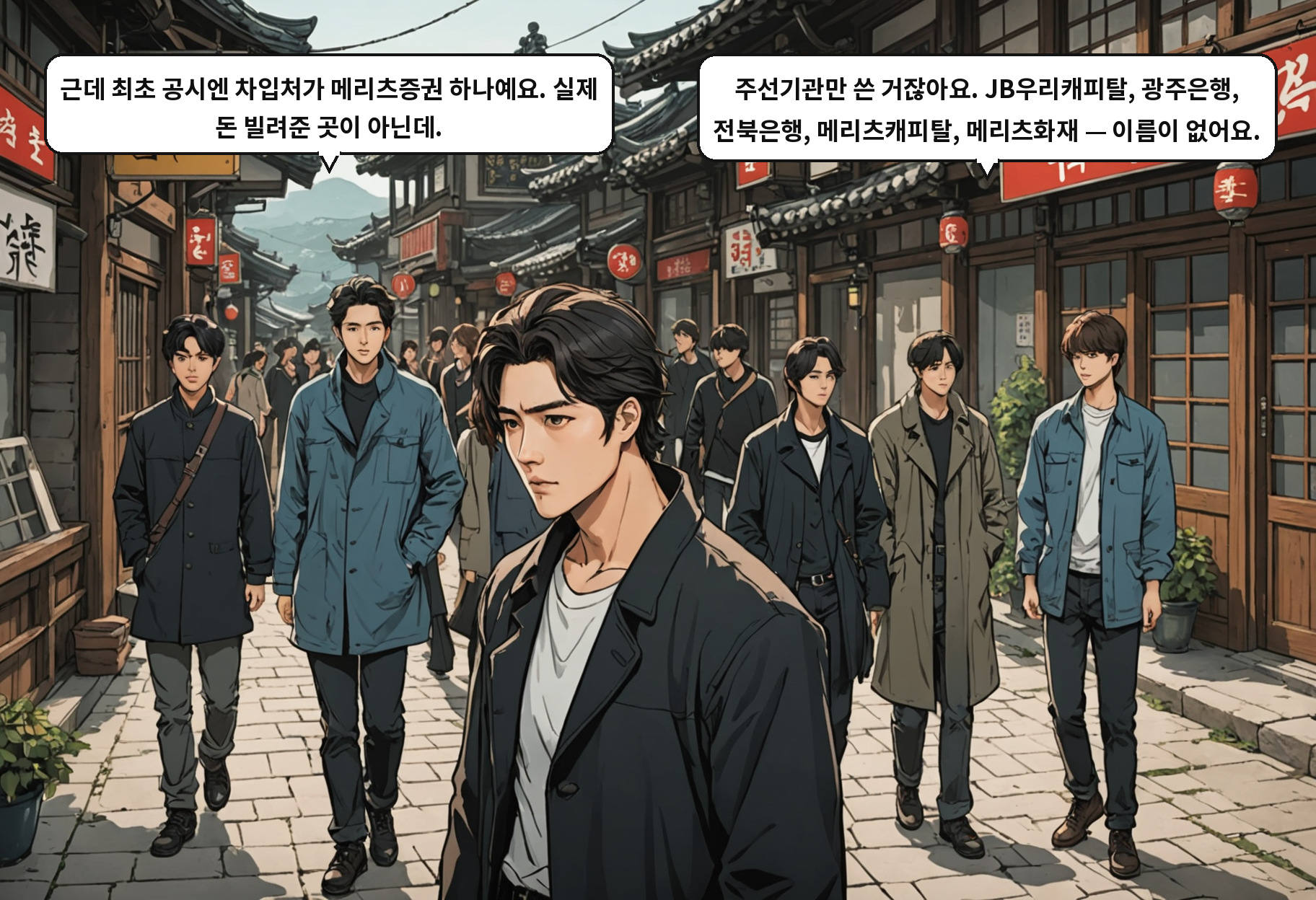 A: 근데 최초 공시엔 차입처가 메리츠증권 하나예요. 실제 돈 빌려준 곳이 아닌데. B: 주선기관만 쓴 거잖아요. JB우리캐피탈, 광주은행, 전북은행, 메리츠캐피탈, 메리츠화재 — 이름이 없어요.