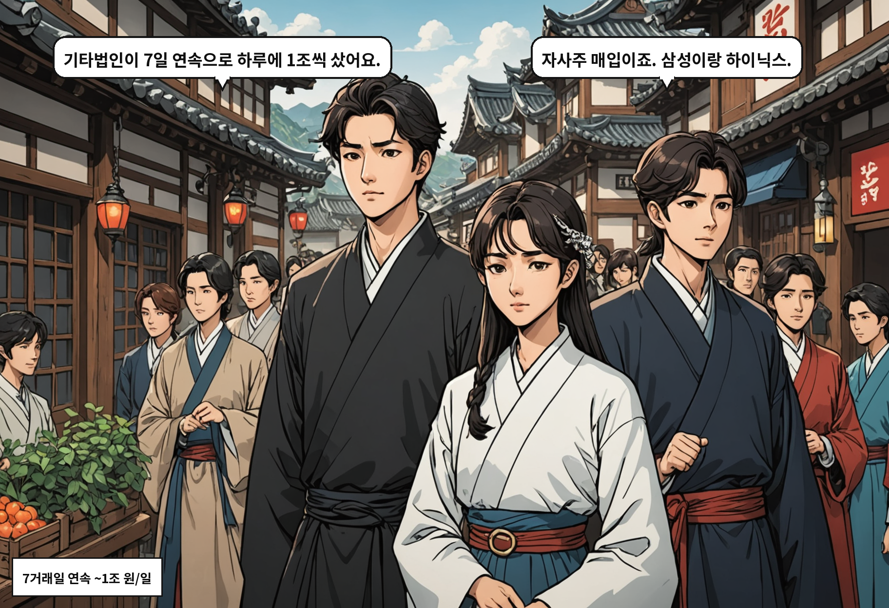 A: 기타법인이 7일 연속으로 하루에 1조씩 샀어요. B: 자사주 매입이죠. 삼성이랑 하이닉스.