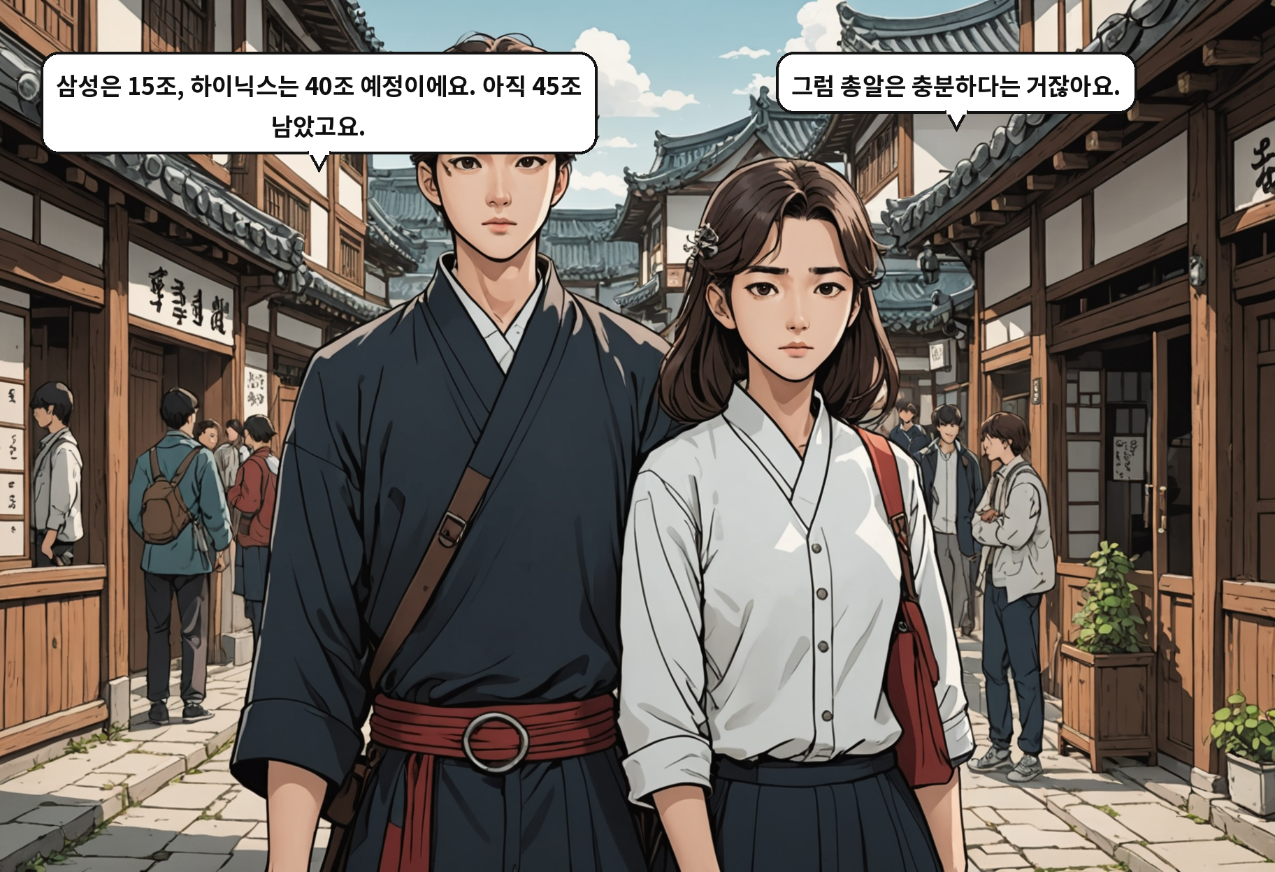 A: 삼성은 15조, 하이닉스는 40조 예정이에요. 아직 45조 남았고요. B: 그럼 총알은 충분하다는 거잖아요.