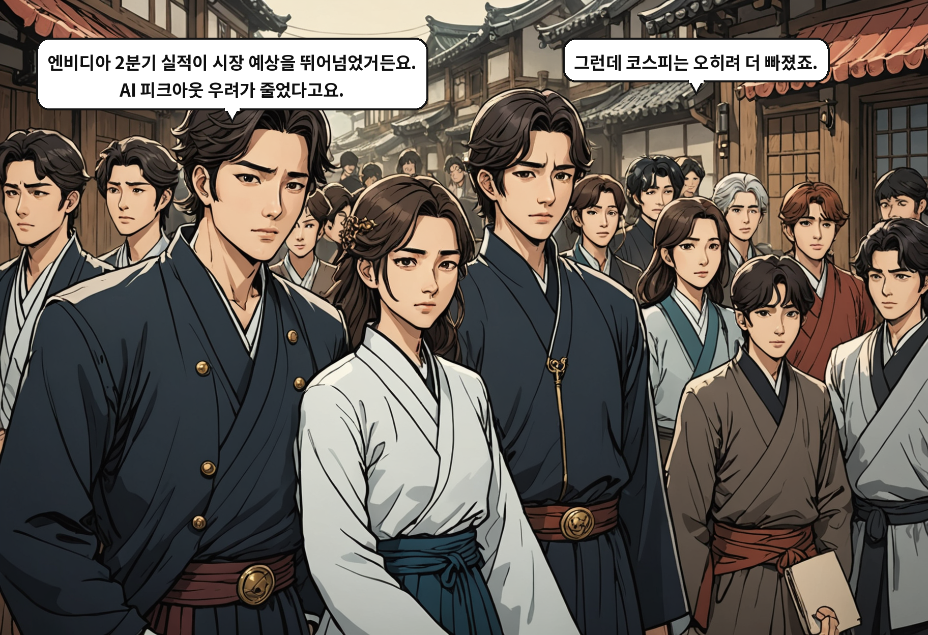 A: 엔비디아 2분기 실적이 시장 예상을 뛰어넘었거든요. AI 피크아웃 우려가 줄었다고요. B: 그런데 코스피는 오히려 더 빠졌죠.