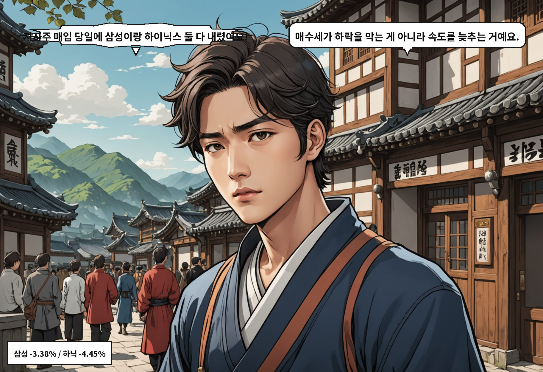 A: 자사주 매입 당일에 삼성이랑 하이닉스 둘 다 내렸어요! B: 매수세가 하락을 막는 게 아니라 속도를 늦추는 거예요.