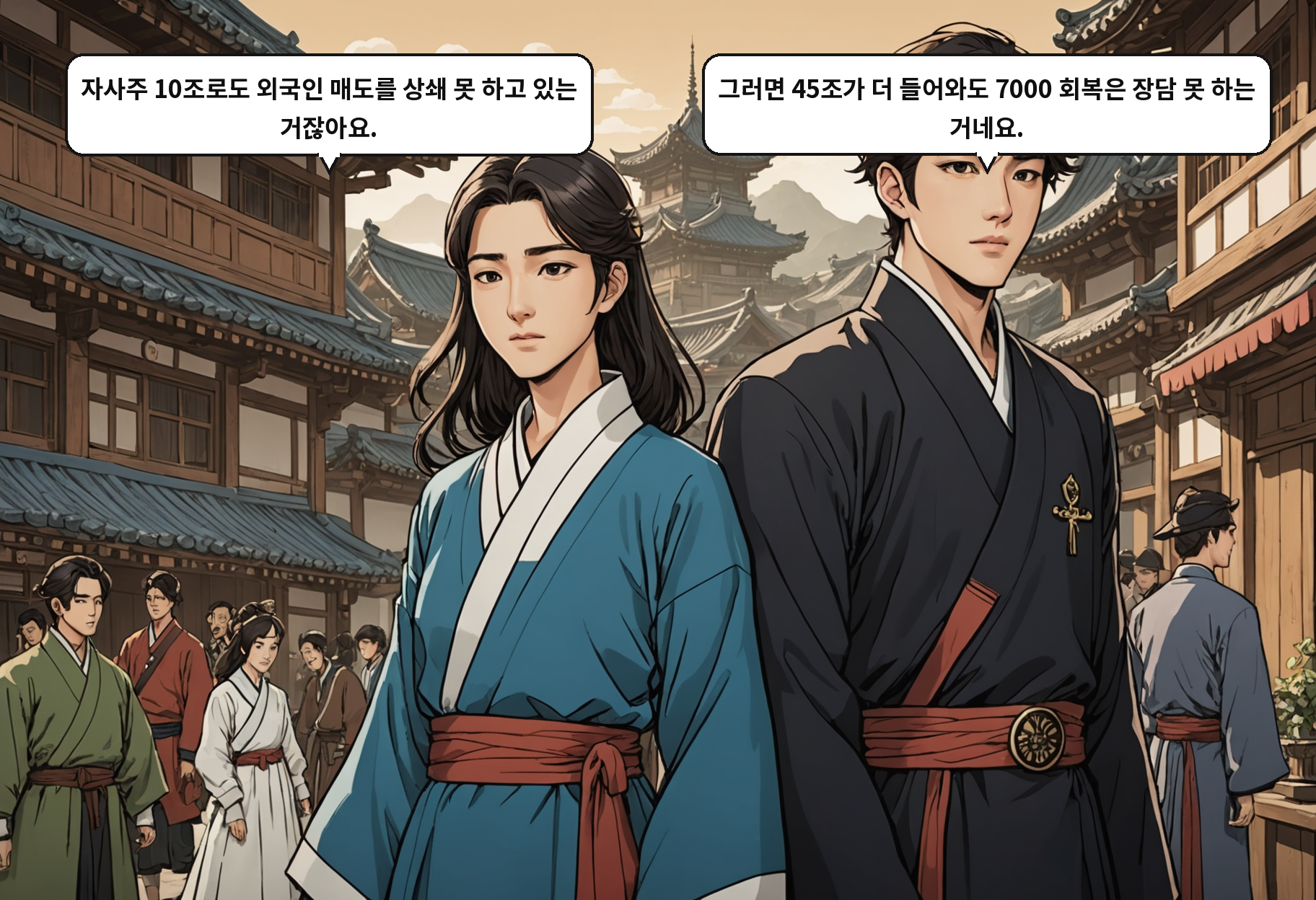 B: 자사주 10조로도 외국인 매도를 상쇄 못 하고 있는 거잖아요. A: 그러면 45조가 더 들어와도 7000 회복은 장담 못 하는 거네요.