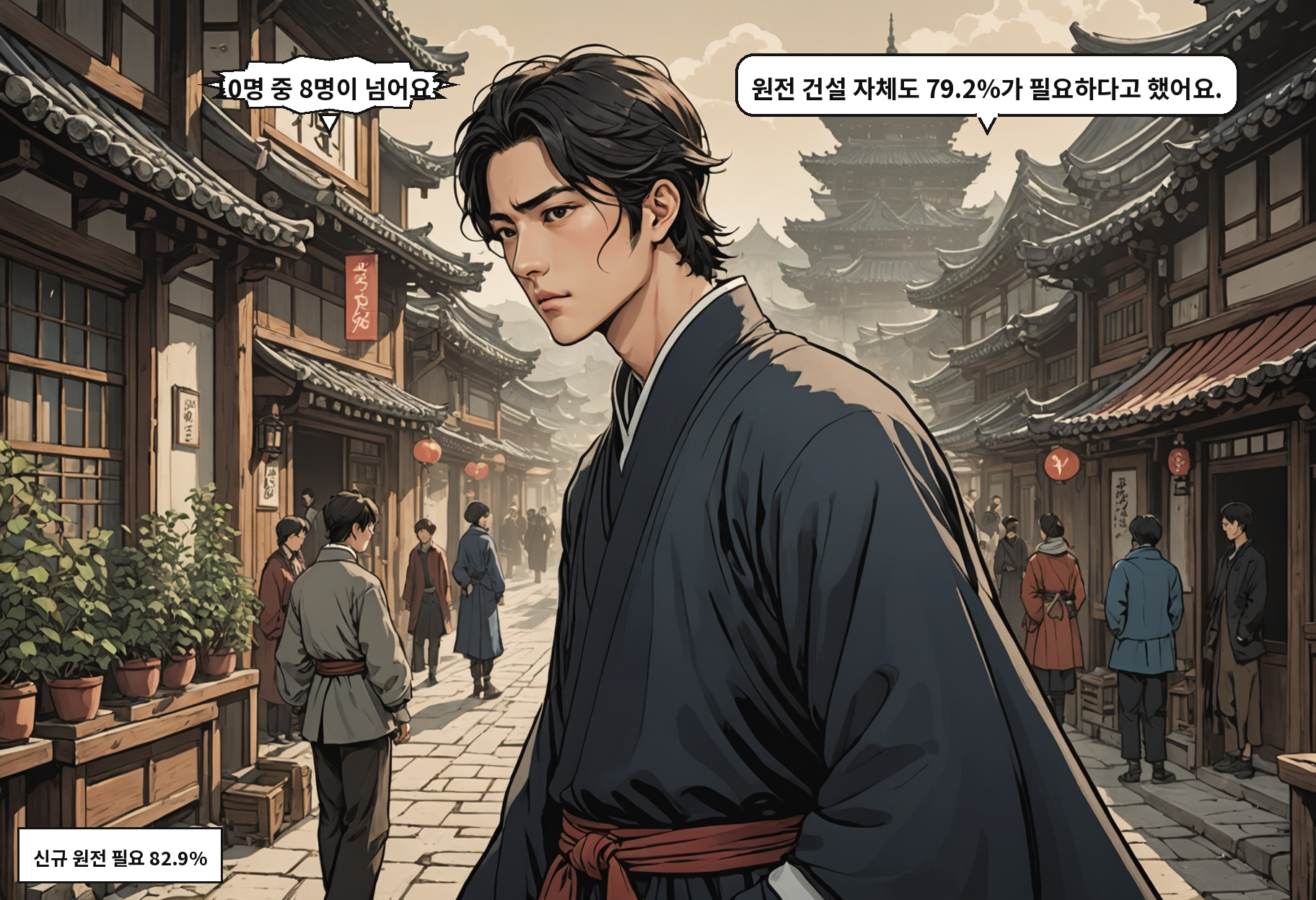 B: 10명 중 8명이 넘어요? A: 원전 건설 자체도 79.2%가 필요하다고 했어요.
