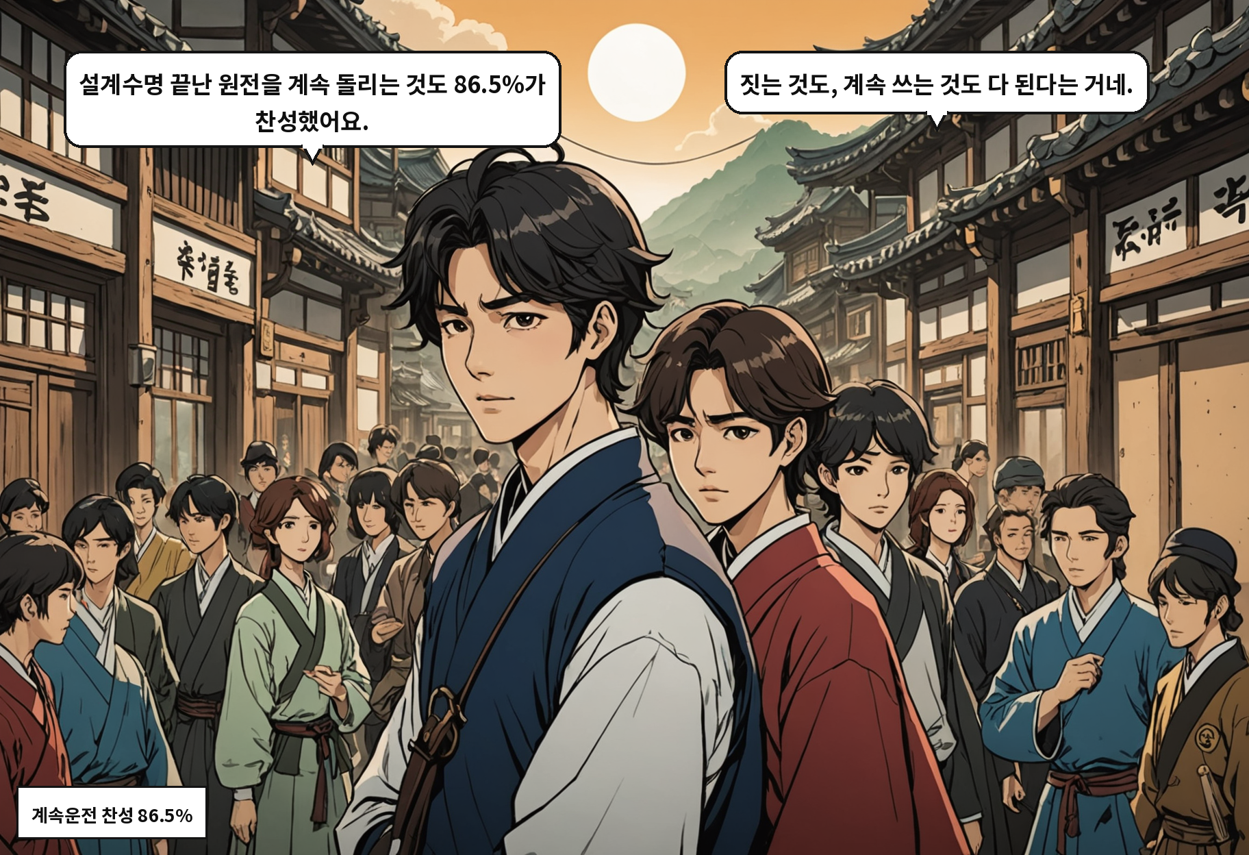 A: 설계수명 끝난 원전을 계속 돌리는 것도 86.5%가 찬성했어요. B: 짓는 것도, 계속 쓰는 것도 다 된다는 거네.