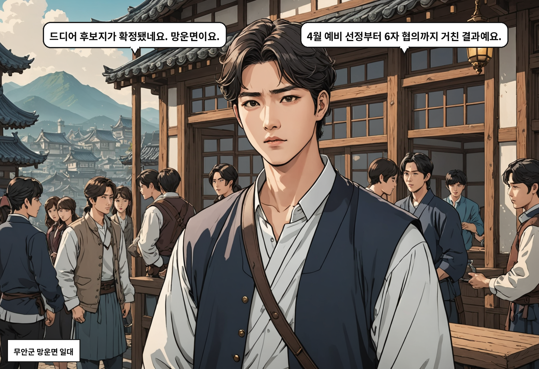 B: 드디어 후보지가 확정됐네요. 망운면이요. A: 4월 예비 선정부터 6자 협의까지 거친 결과예요.