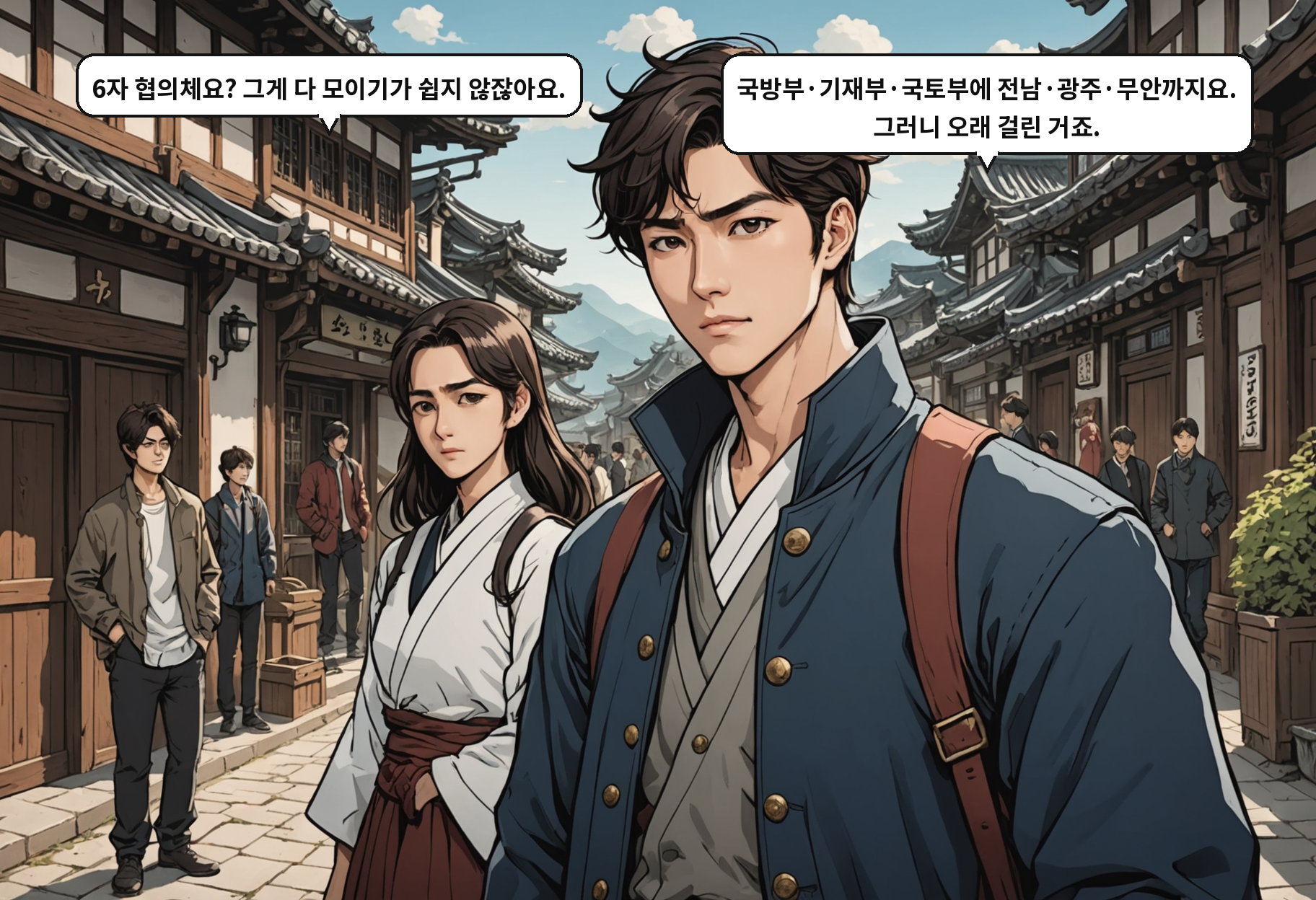 B: 6자 협의체요? 그게 다 모이기가 쉽지 않잖아요. A: 국방부·기재부·국토부에 전남·광주·무안까지요. 그러니 오래 걸린 거죠.