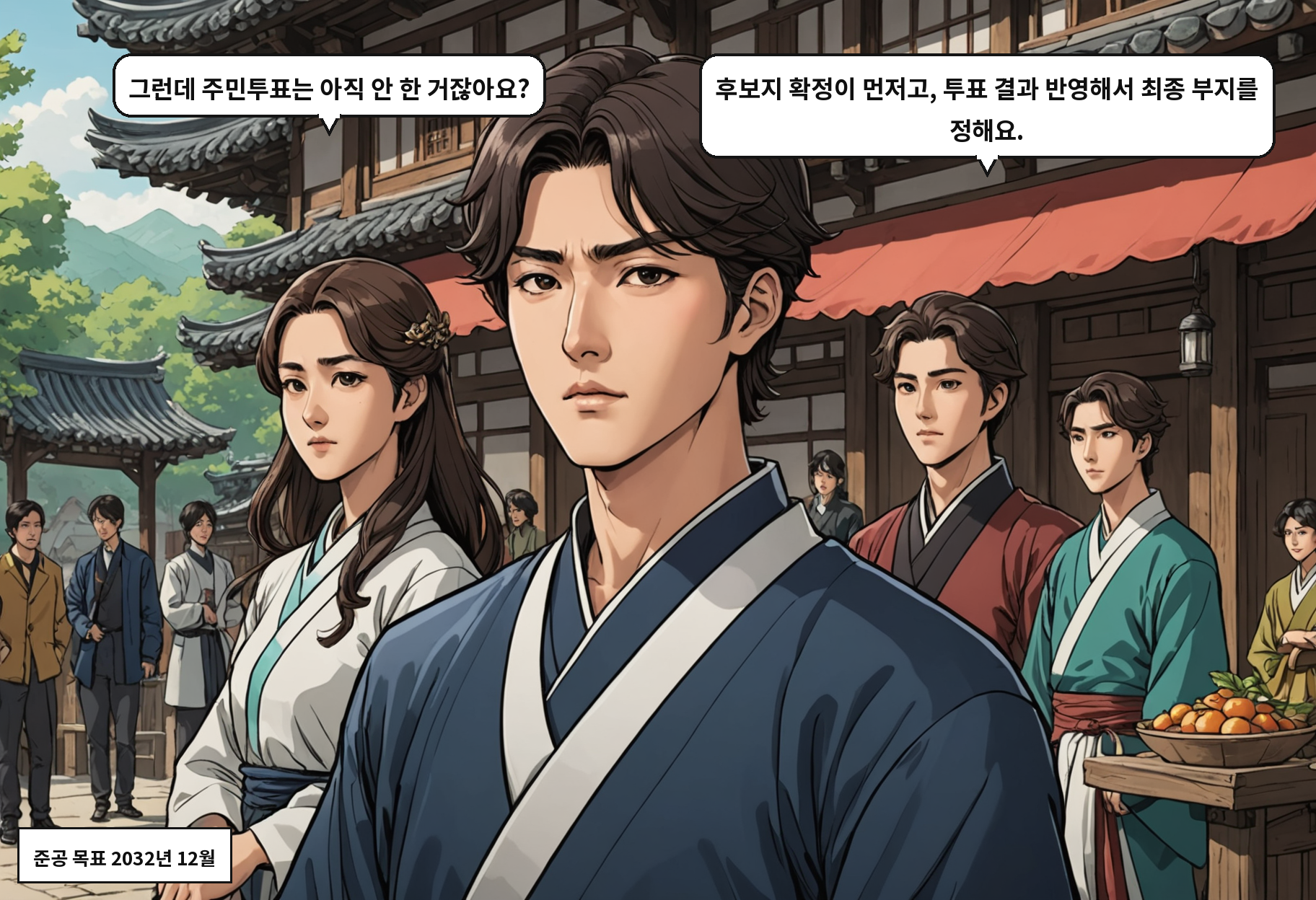B: 그런데 주민투표는 아직 안 한 거잖아요? A: 후보지 확정이 먼저고, 투표 결과 반영해서 최종 부지를 정해요.