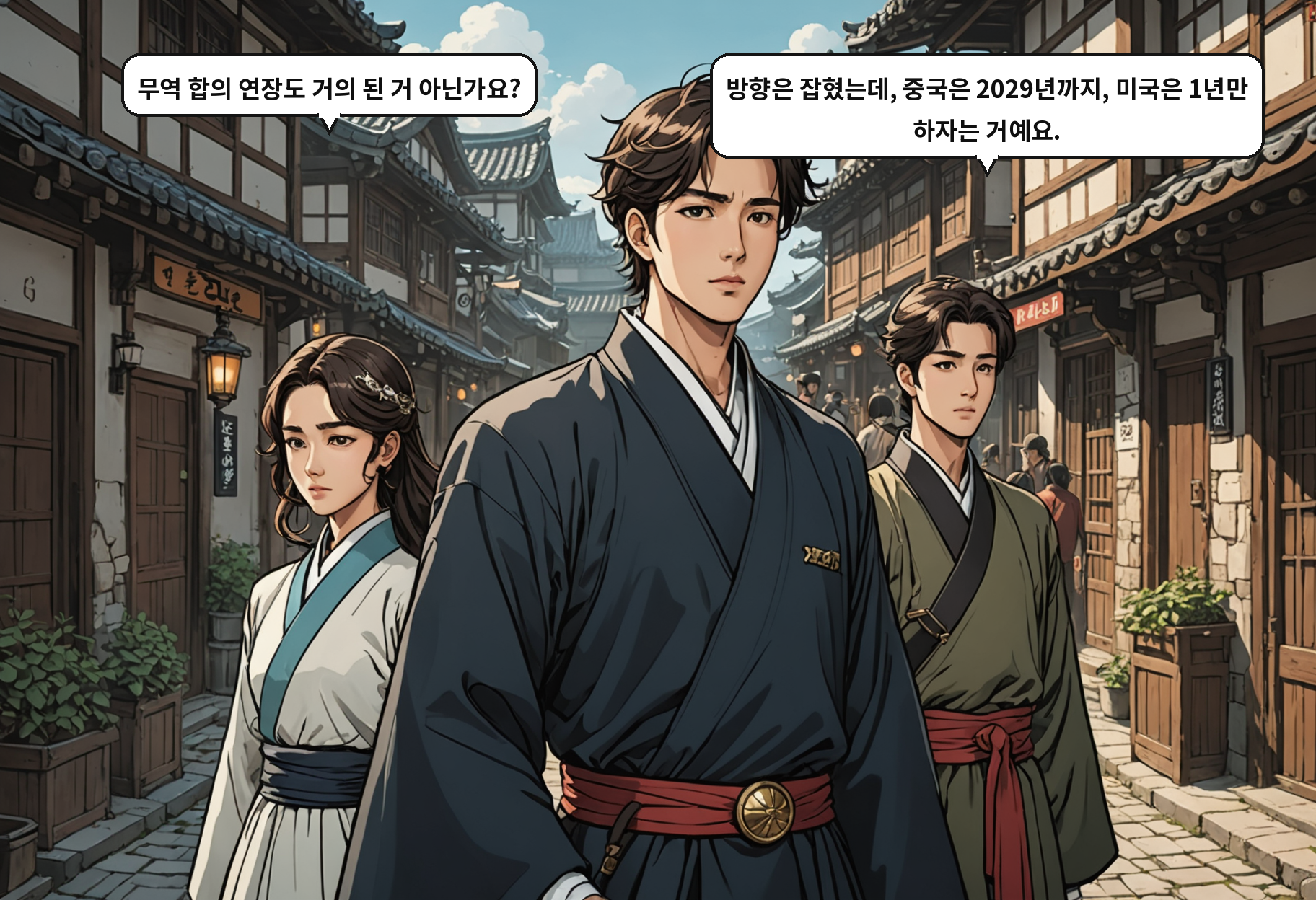 A: 무역 합의 연장도 거의 된 거 아닌가요? B: 방향은 잡혔는데, 중국은 2029년까지, 미국은 1년만 하자는 거예요.