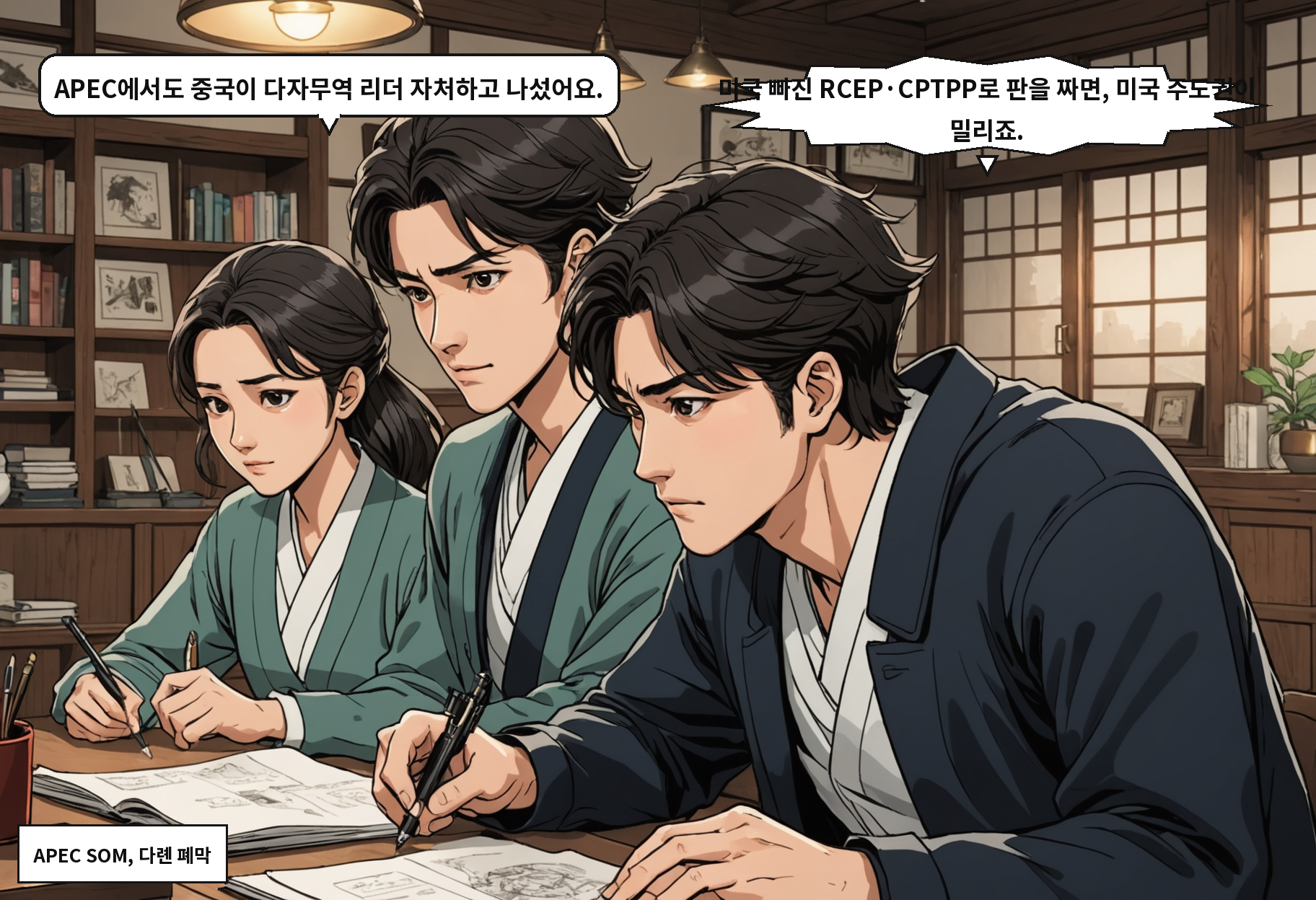 B: APEC에서도 중국이 다자무역 리더 자처하고 나섰어요. A: 미국 빠진 RCEP·CPTPP로 판을 짜면, 미국 주도권이 밀리죠.