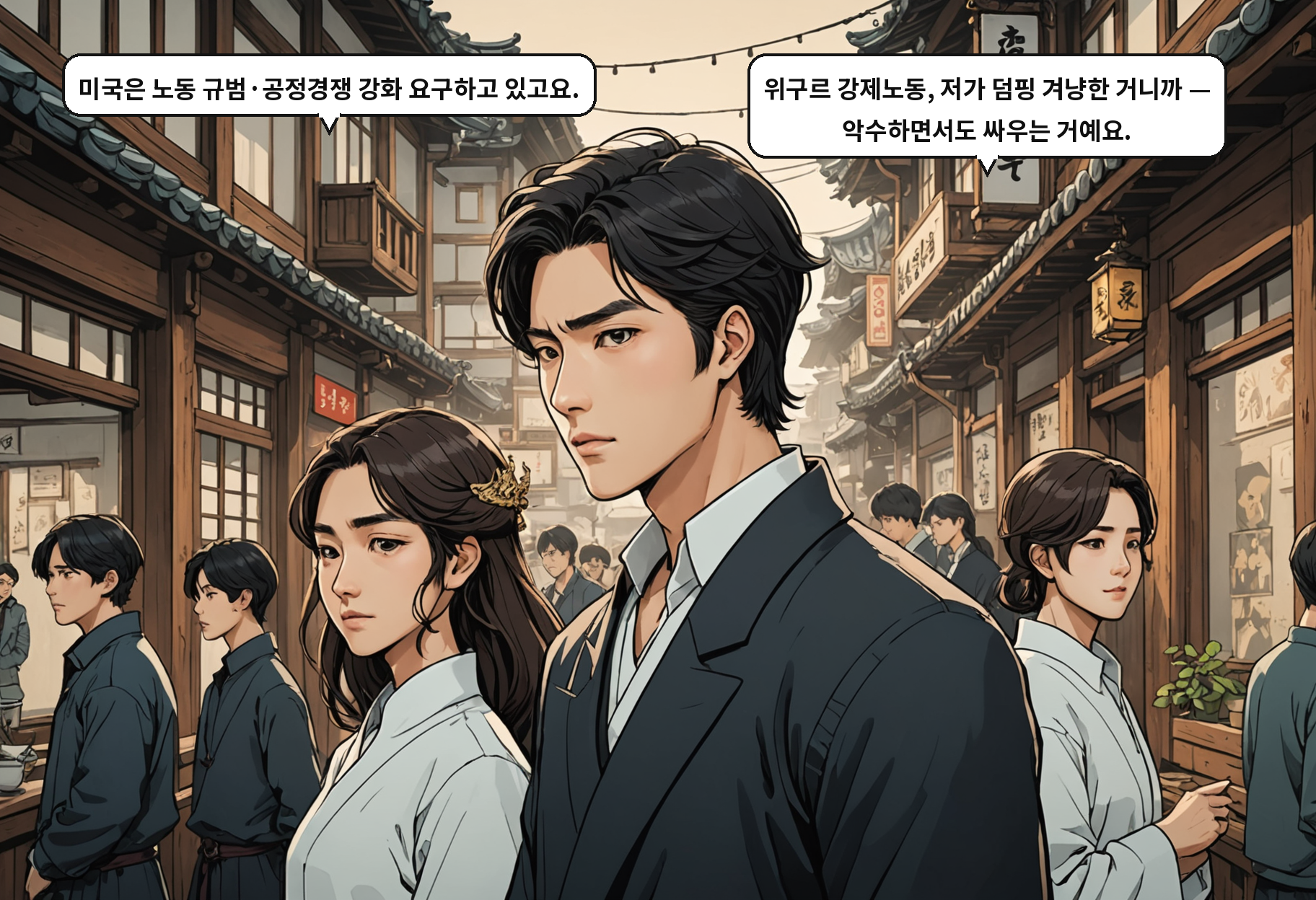 A: 미국은 노동 규범·공정경쟁 강화 요구하고 있고요. B: 위구르 강제노동, 저가 덤핑 겨냥한 거니까 — 악수하면서도 싸우는 거예요.