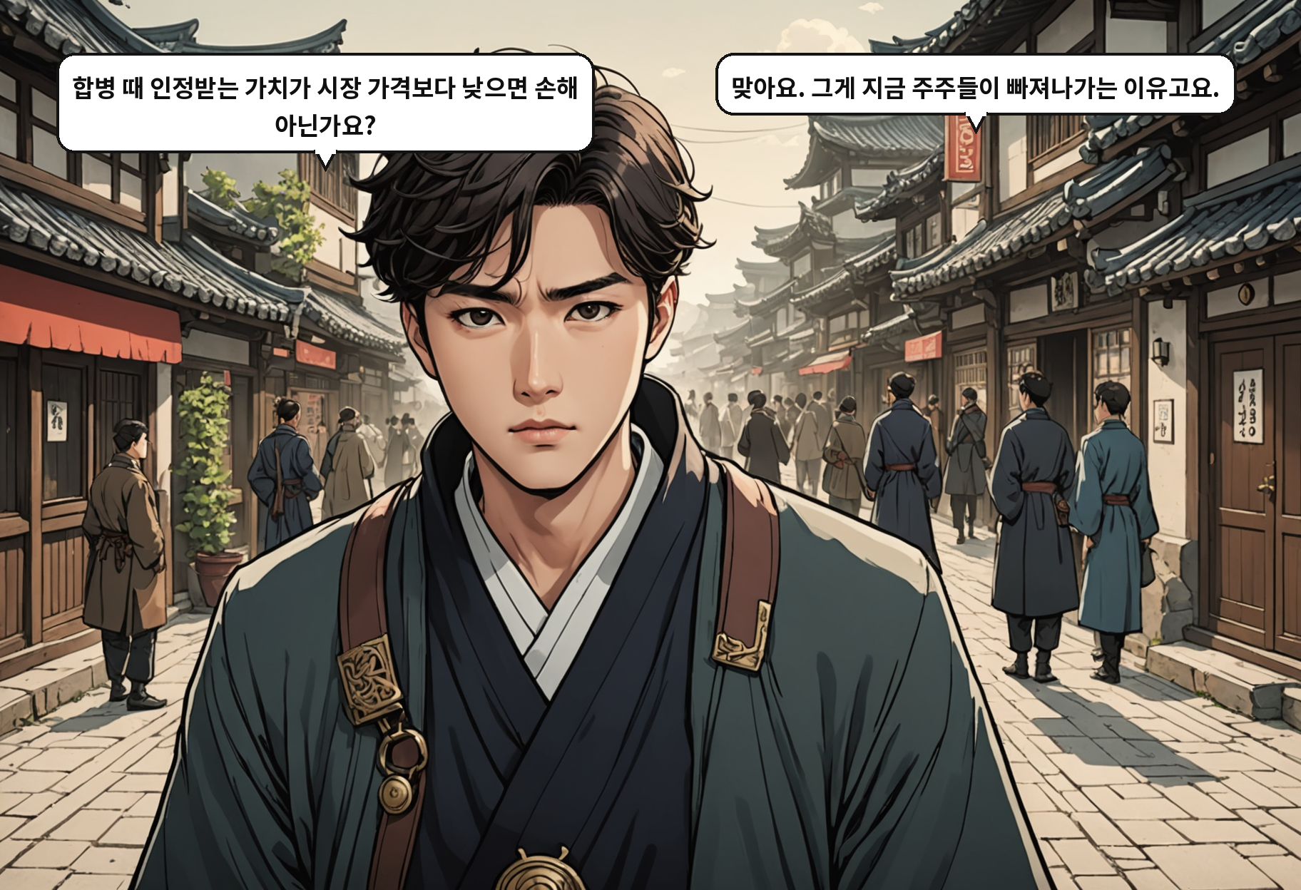 A: 합병 때 인정받는 가치가 시장 가격보다 낮으면 손해 아닌가요? B: 맞아요. 그게 지금 주주들이 빠져나가는 이유고요.