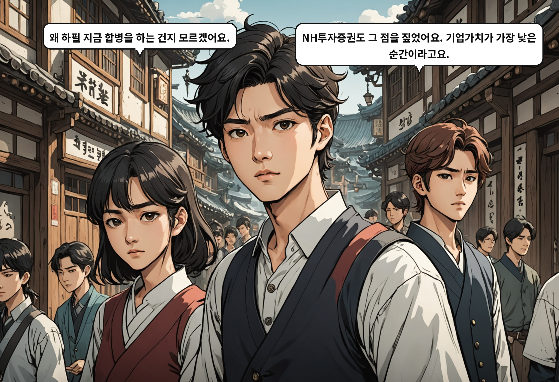 A: 왜 하필 지금 합병을 하는 건지 모르겠어요. B: NH투자증권도 그 점을 짚었어요. 기업가치가 가장 낮은 순간이라고요.