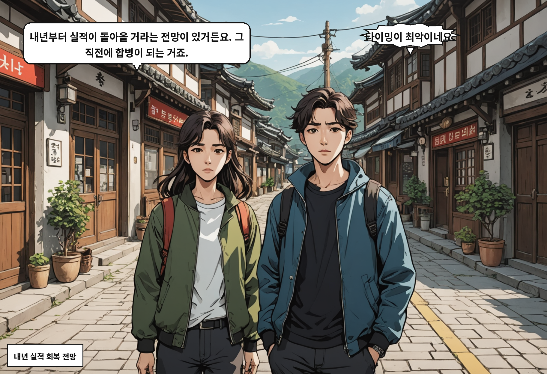 B: 내년부터 실적이 돌아올 거라는 전망이 있거든요. 그 직전에 합병이 되는 거죠. A: 타이밍이 최악이네요.