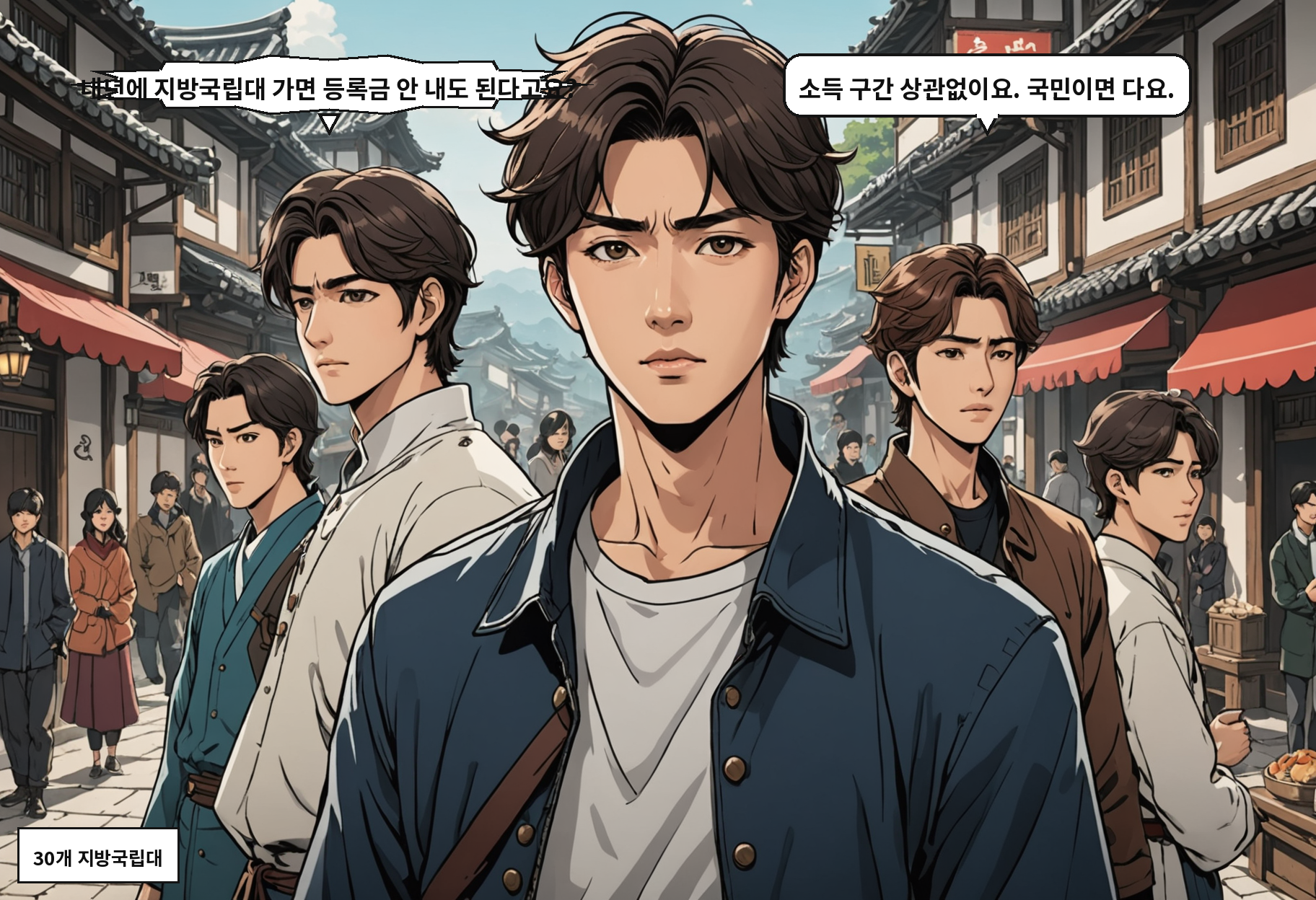 A: 내년에 지방국립대 가면 등록금 안 내도 된다고요? B: 소득 구간 상관없이요. 국민이면 다요.