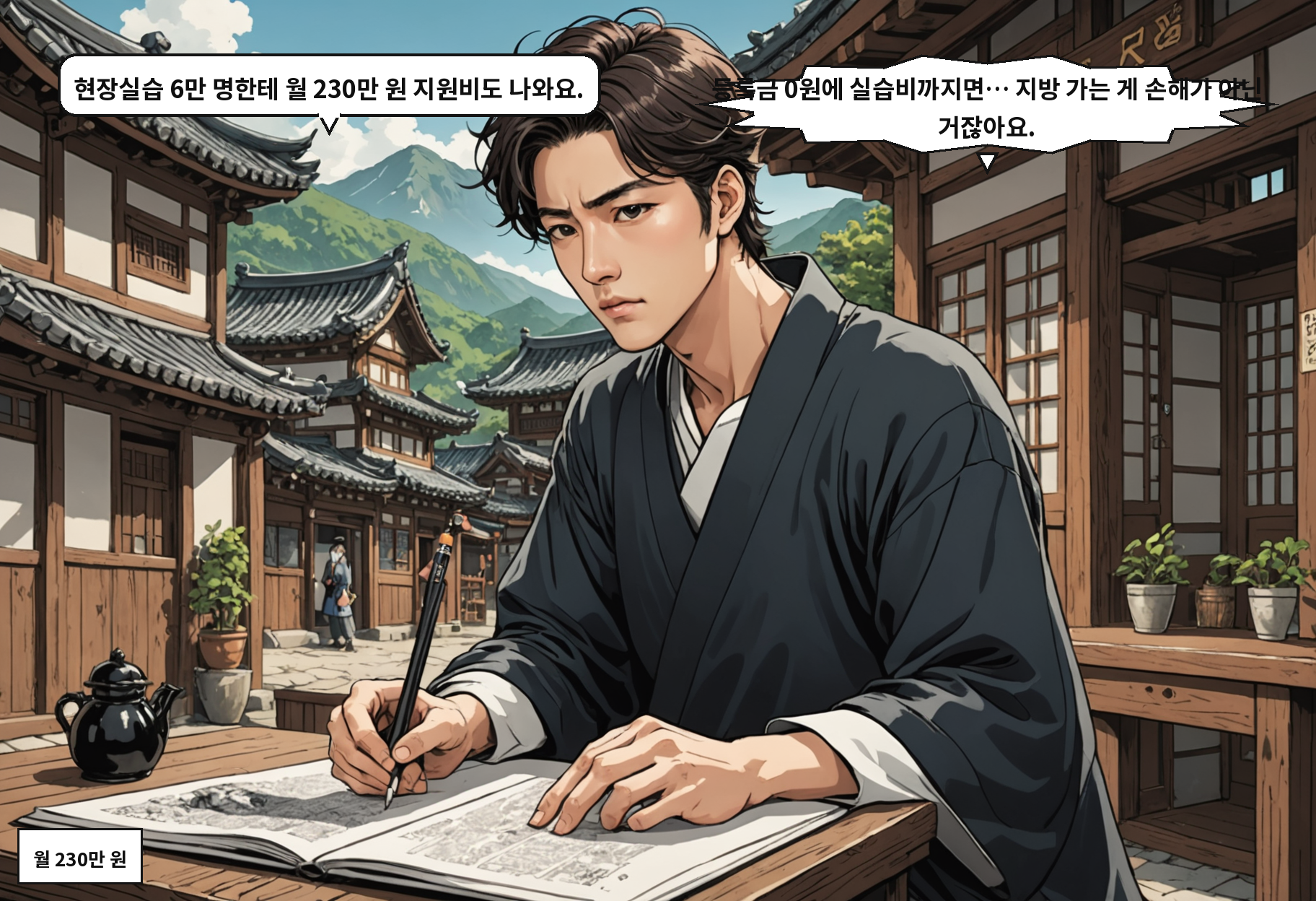 B: 현장실습 6만 명한테 월 230만 원 지원비도 나와요. A: 등록금 0원에 실습비까지면… 지방 가는 게 손해가 아닌 거잖아요.