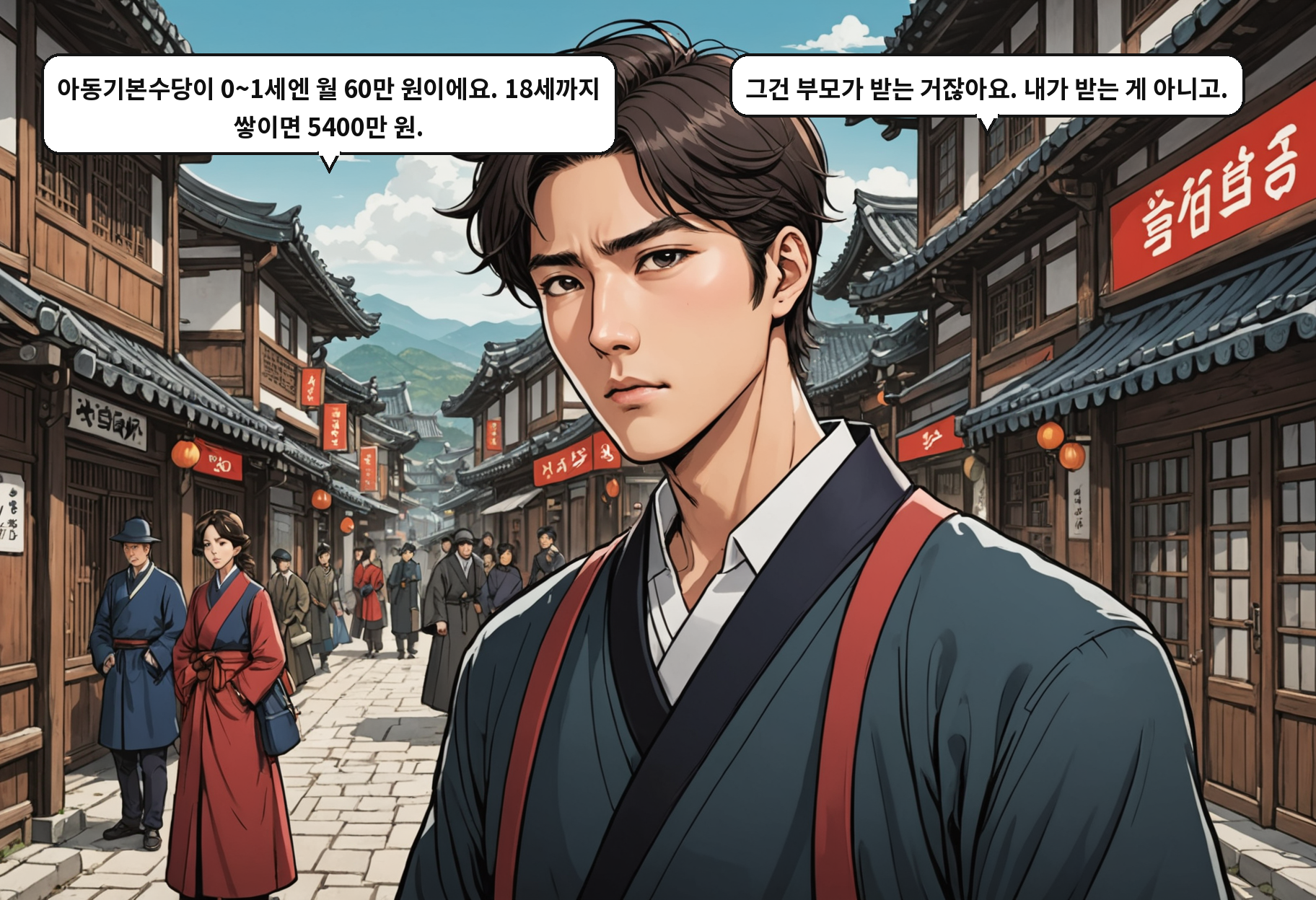 B: 아동기본수당이 0~1세엔 월 60만 원이에요. 18세까지 쌓이면 5400만 원. A: 그건 부모가 받는 거잖아요. 내가 받는 게 아니고.