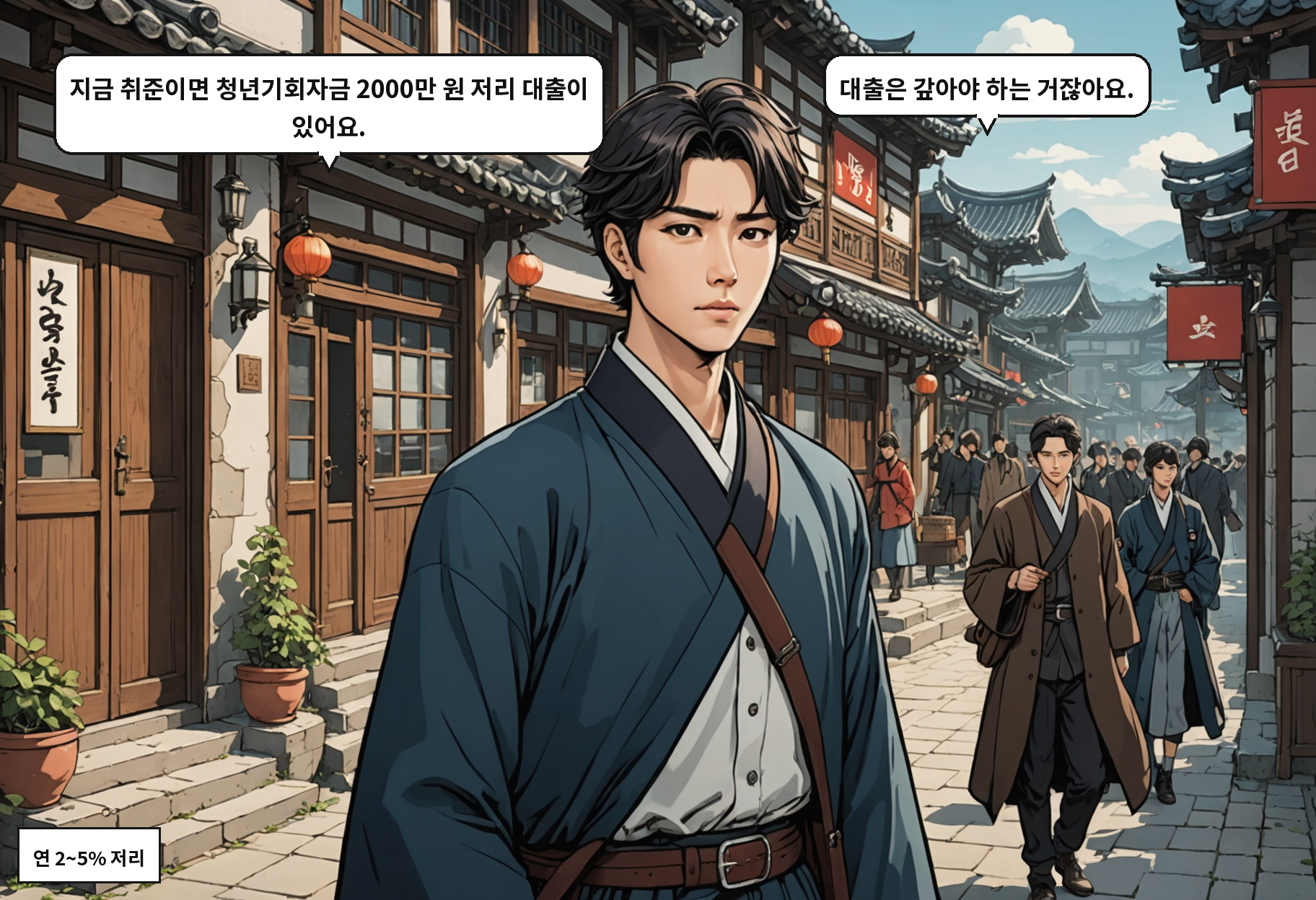 B: 지금 취준이면 청년기회자금 2000만 원 저리 대출이 있어요. A: 대출은 갚아야 하는 거잖아요.