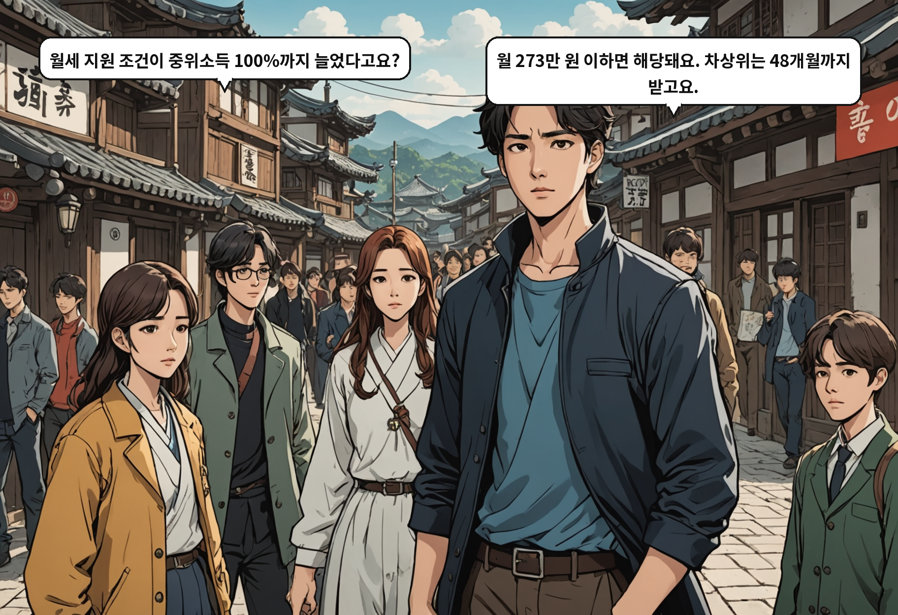 A: 월세 지원 조건이 중위소득 100%까지 늘었다고요? B: 월 273만 원 이하면 해당돼요. 차상위는 48개월까지 받고요.