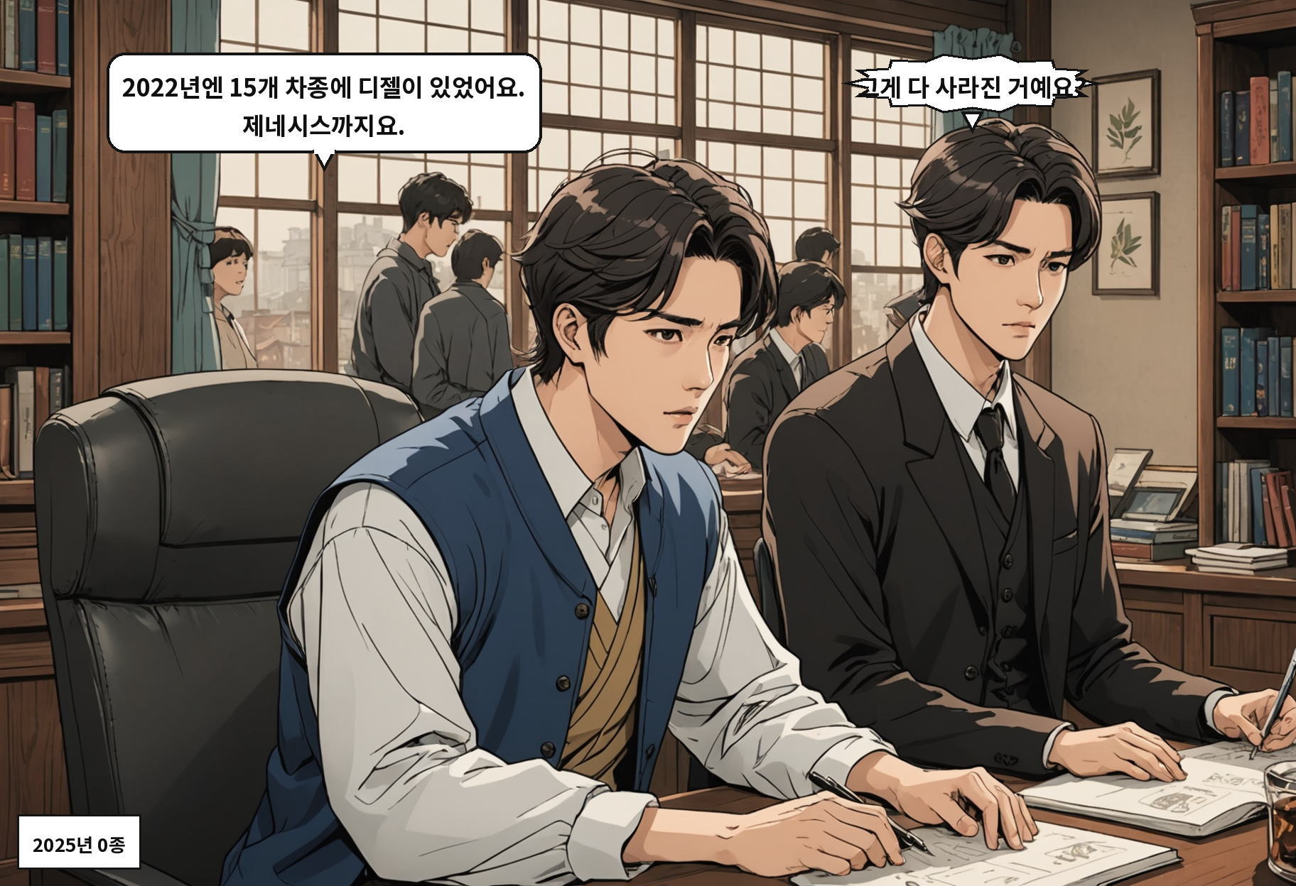 A: 2022년엔 15개 차종에 디젤이 있었어요. 제네시스까지요. B: 그게 다 사라진 거예요?
