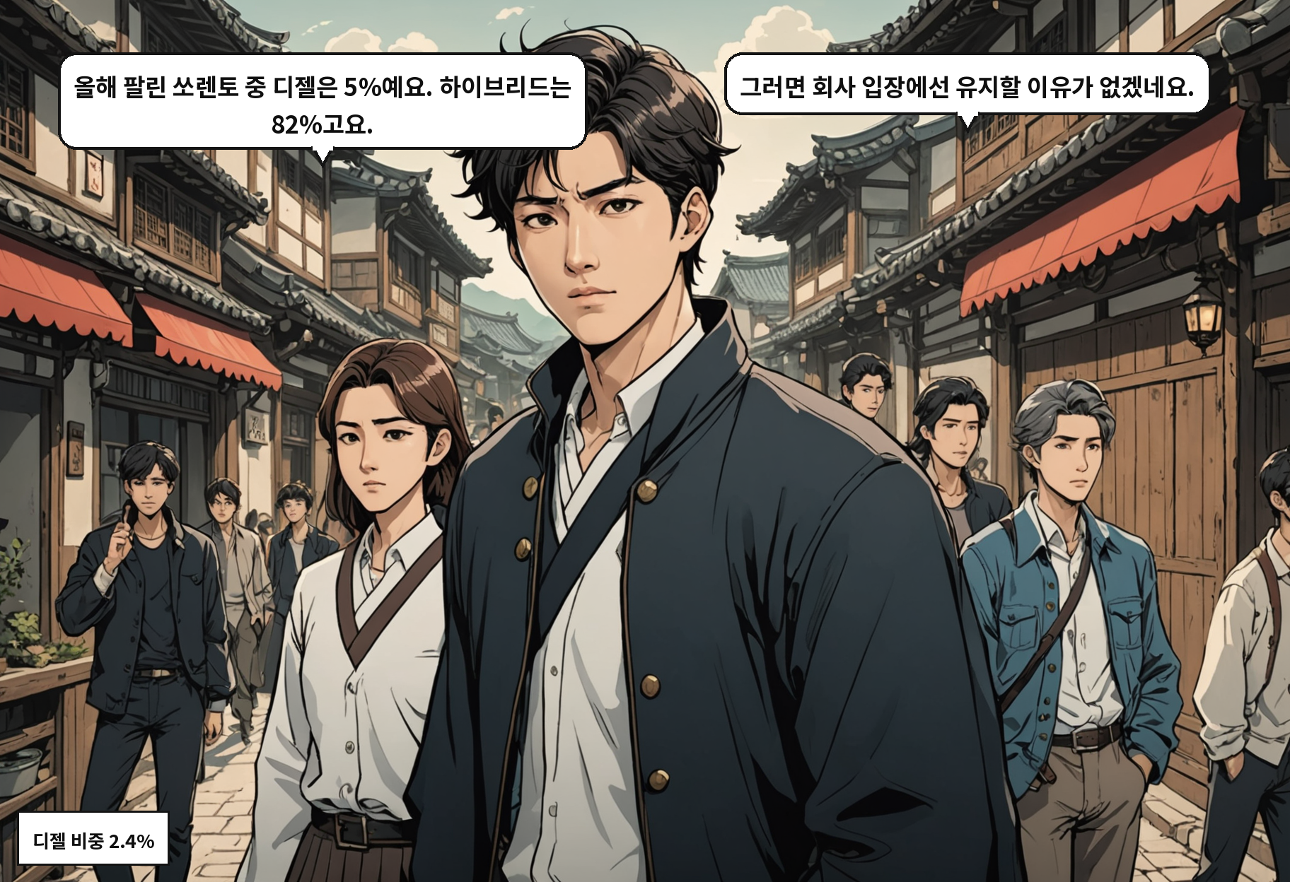 A: 올해 팔린 쏘렌토 중 디젤은 5%예요. 하이브리드는 82%고요. B: 그러면 회사 입장에선 유지할 이유가 없겠네요.