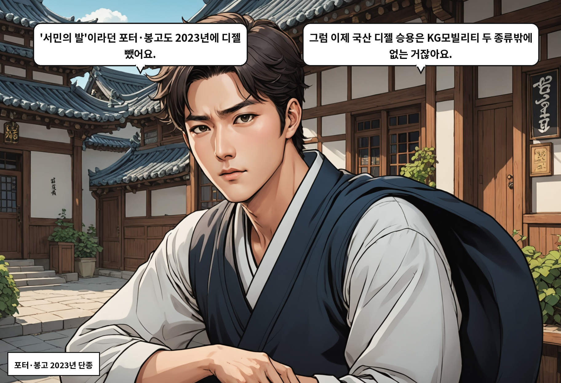 A: '서민의 발'이라던 포터·봉고도 2023년에 디젤 뺐어요. B: 그럼 이제 국산 디젤 승용은 KG모빌리티 두 종류밖에 없는 거잖아요.