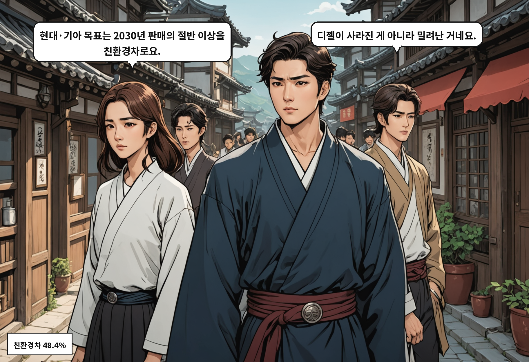 A: 현대·기아 목표는 2030년 판매의 절반 이상을 친환경차로요. B: 디젤이 사라진 게 아니라 밀려난 거네요.