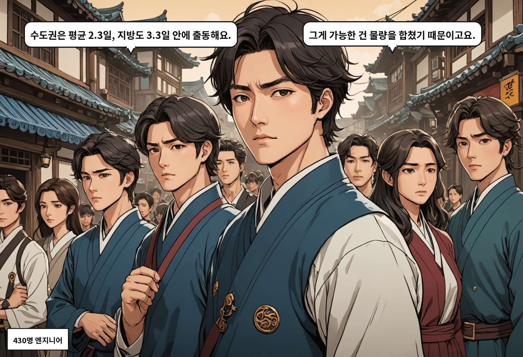 B: 수도권은 평균 2.3일, 지방도 3.3일 안에 출동해요. A: 그게 가능한 건 물량을 합쳤기 때문이고요.