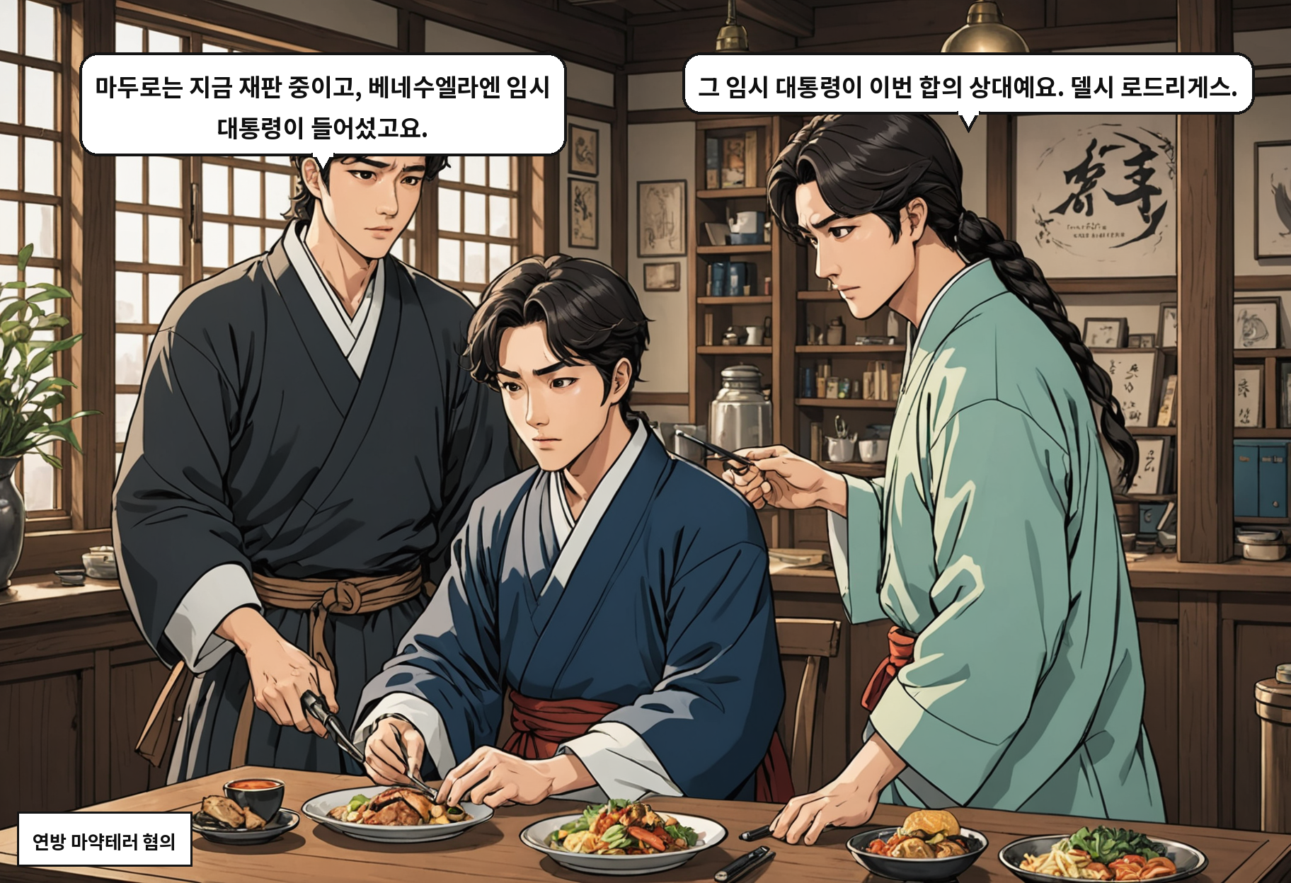 A: 마두로는 지금 재판 중이고, 베네수엘라엔 임시 대통령이 들어섰고요. B: 그 임시 대통령이 이번 합의 상대예요. 델시 로드리게스.