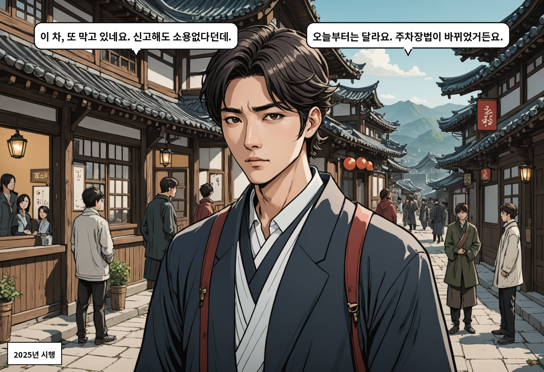 A: 이 차, 또 막고 있네요. 신고해도 소용없다던데. B: 오늘부터는 달라요. 주차장법이 바뀌었거든요.