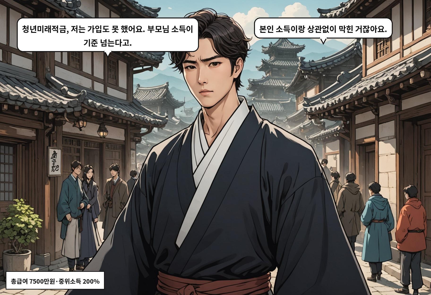 A: 청년미래적금, 저는 가입도 못 했어요. 부모님 소득이 기준 넘는다고. B: 본인 소득이랑 상관없이 막힌 거잖아요.