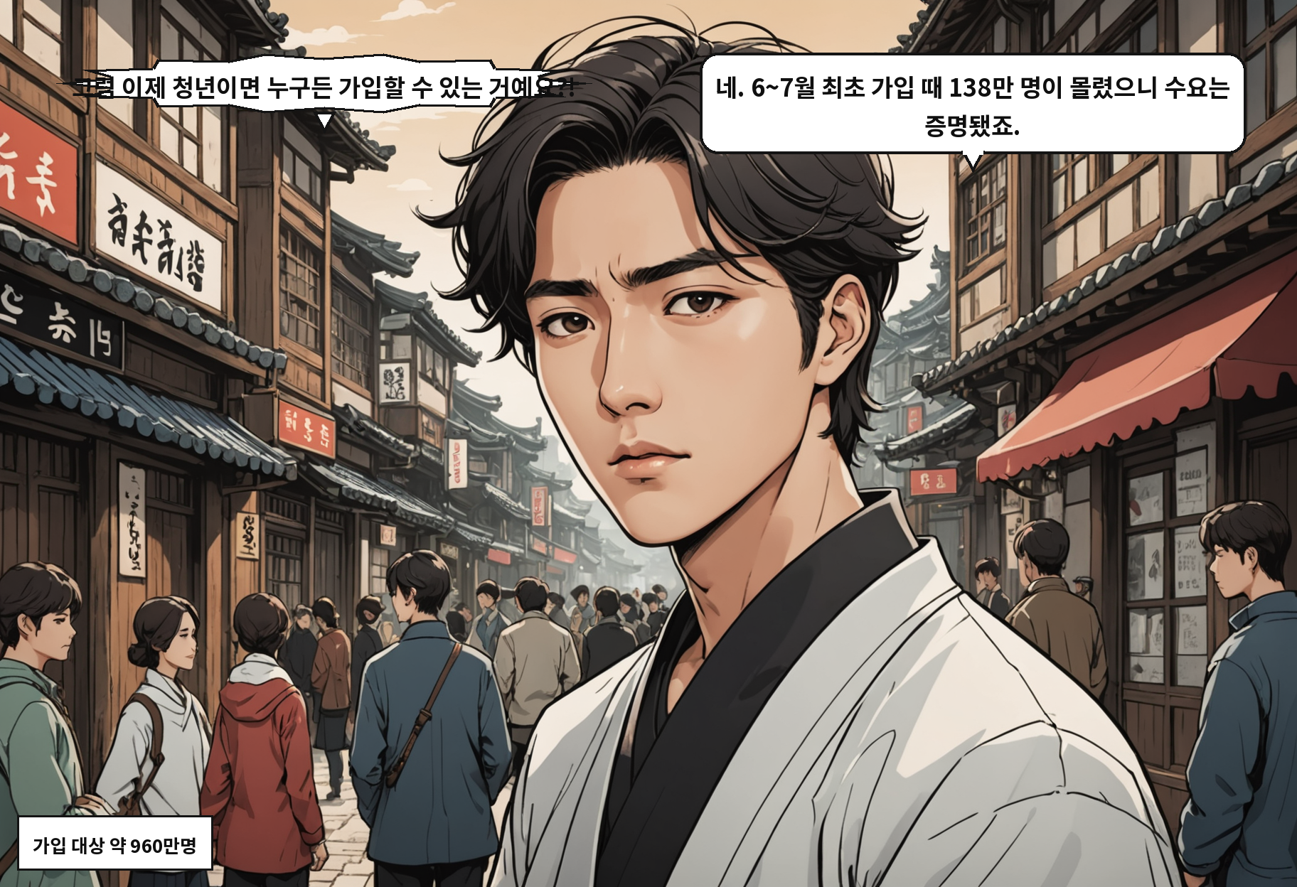 A: 그럼 이제 청년이면 누구든 가입할 수 있는 거예요?! B: 네. 6~7월 최초 가입 때 138만 명이 몰렸으니 수요는 증명됐죠.