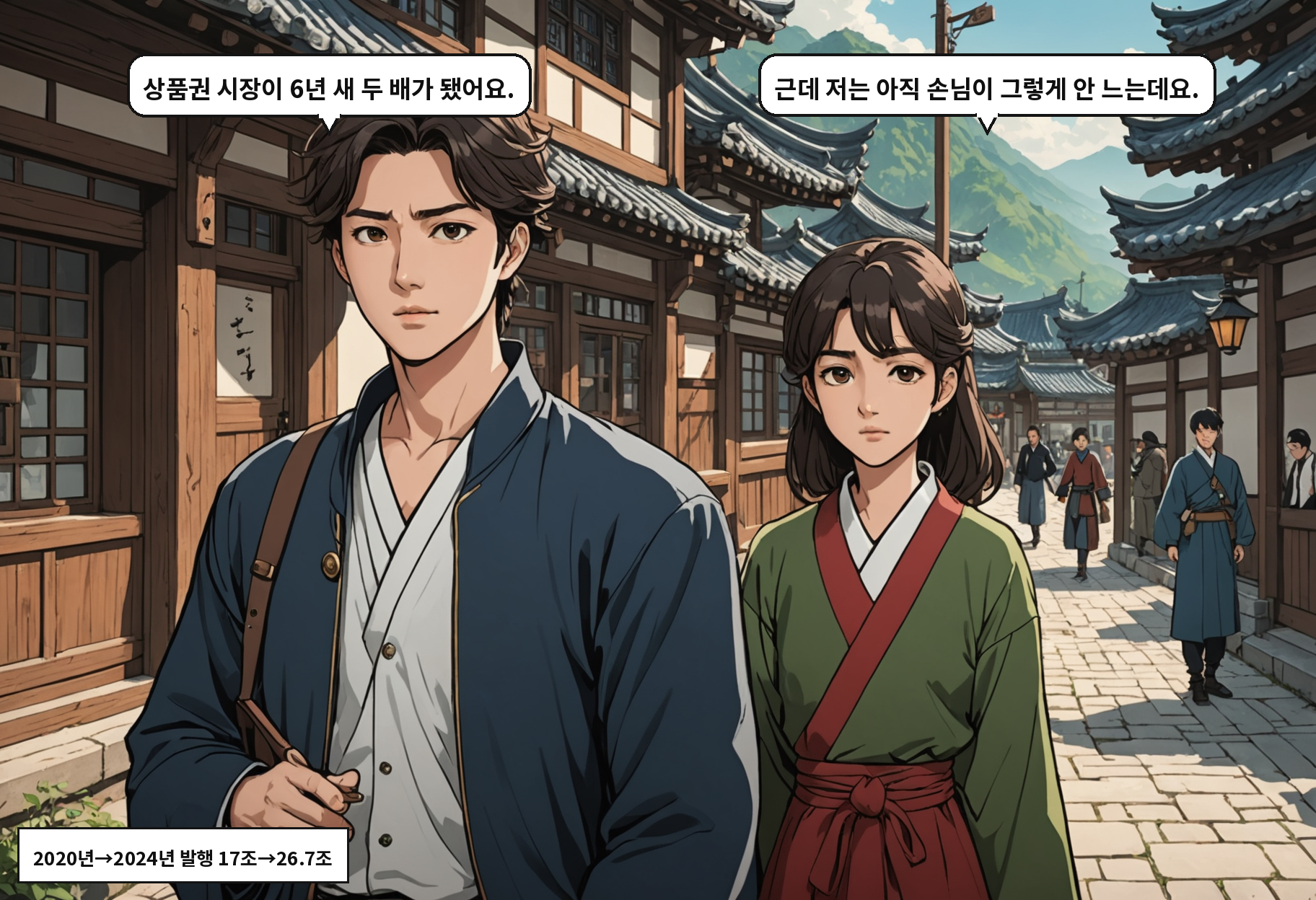 B: 상품권 시장이 6년 새 두 배가 됐어요. A: 근데 저는 아직 손님이 그렇게 안 느는데요.