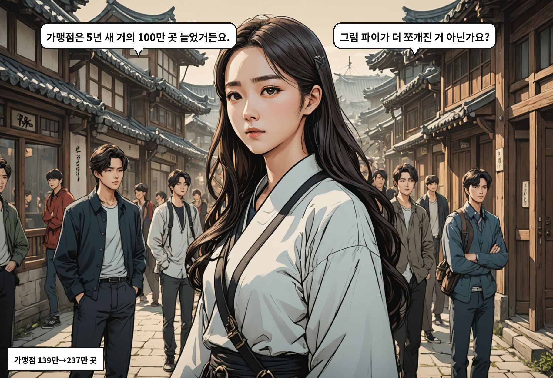 B: 가맹점은 5년 새 거의 100만 곳 늘었거든요. A: 그럼 파이가 더 쪼개진 거 아닌가요?
