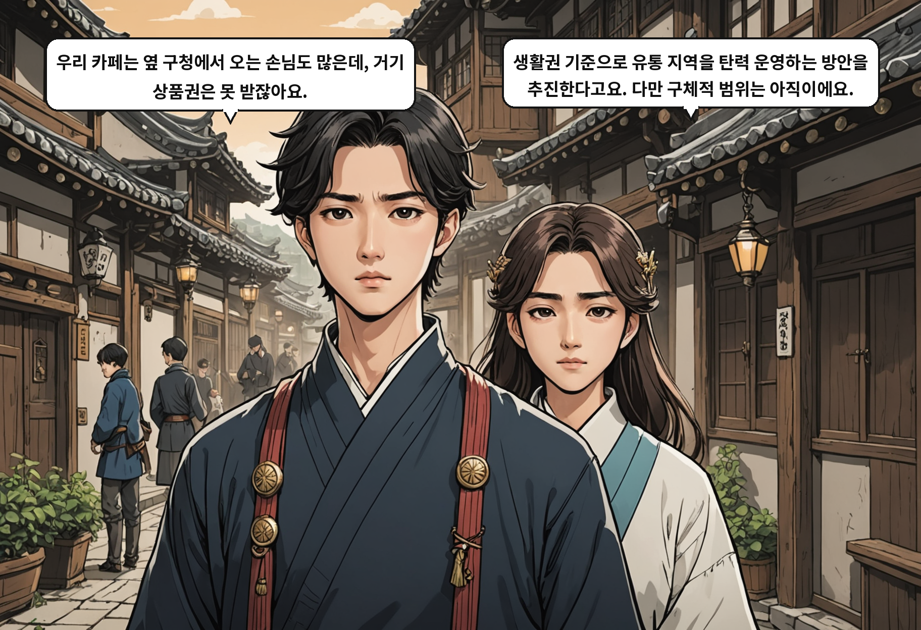A: 우리 카페는 옆 구청에서 오는 손님도 많은데, 거기 상품권은 못 받잖아요. B: 생활권 기준으로 유통 지역을 탄력 운영하는 방안을 추진한다고요. 다만 구체적 범위는 아직이에요.