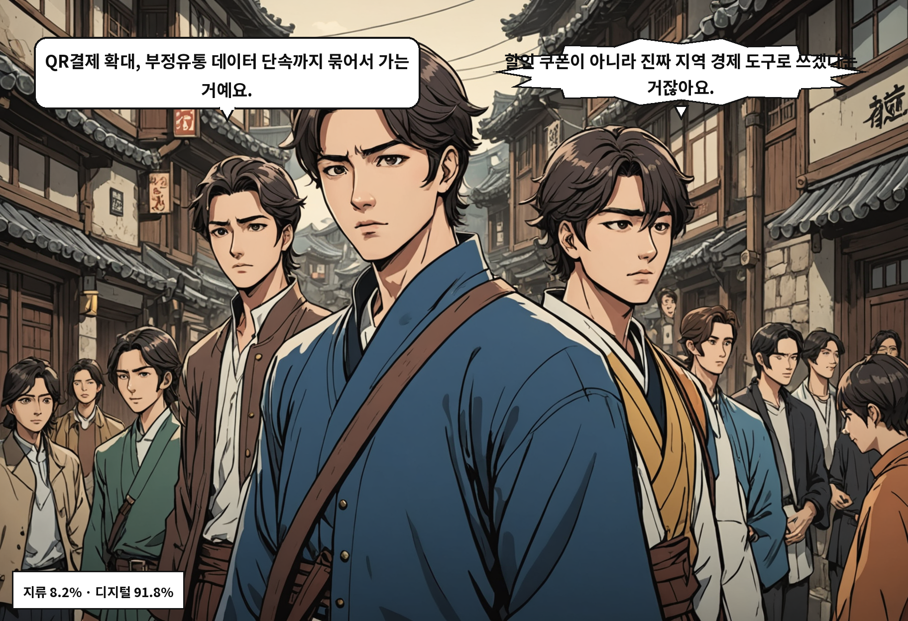 B: QR결제 확대, 부정유통 데이터 단속까지 묶어서 가는 거예요. A: 할인 쿠폰이 아니라 진짜 지역 경제 도구로 쓰겠다는 거잖아요.