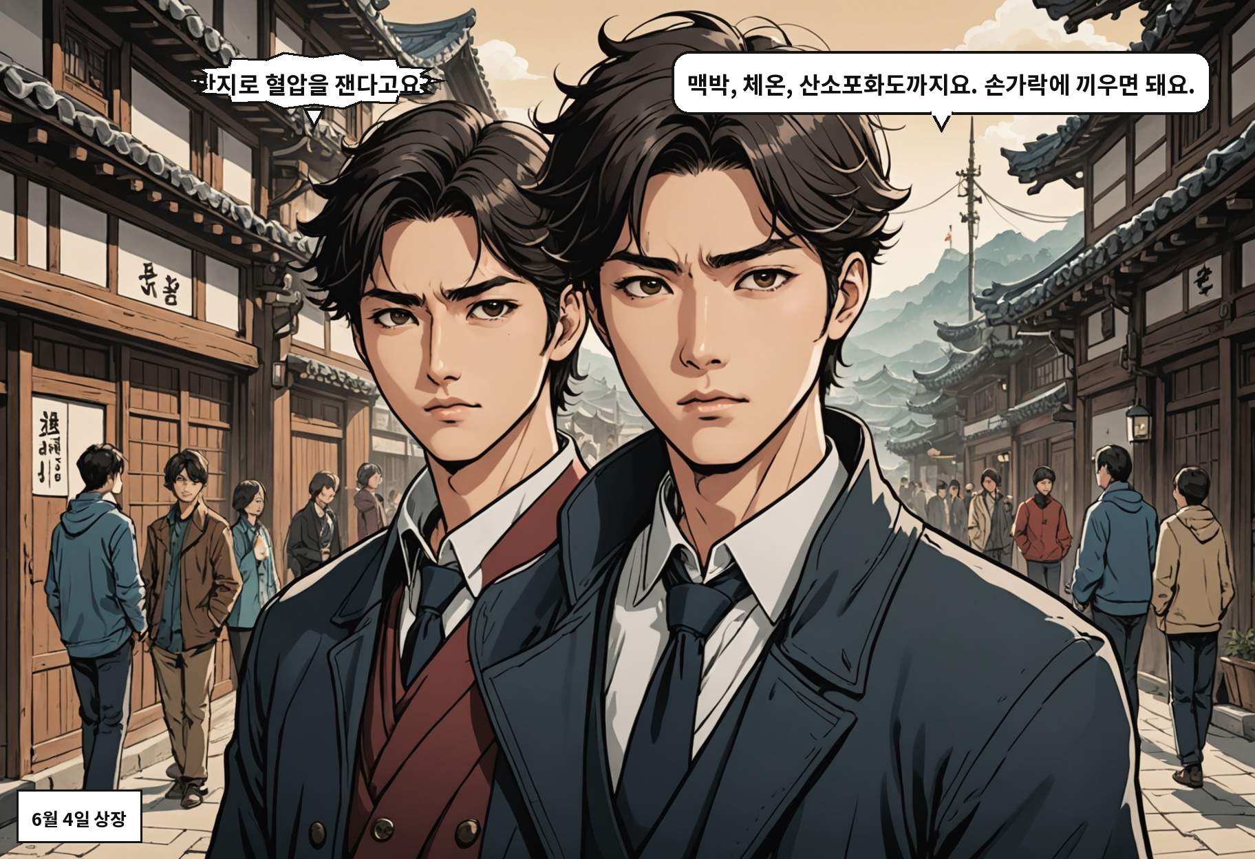 B: 반지로 혈압을 잰다고요? A: 맥박, 체온, 산소포화도까지요. 손가락에 끼우면 돼요.