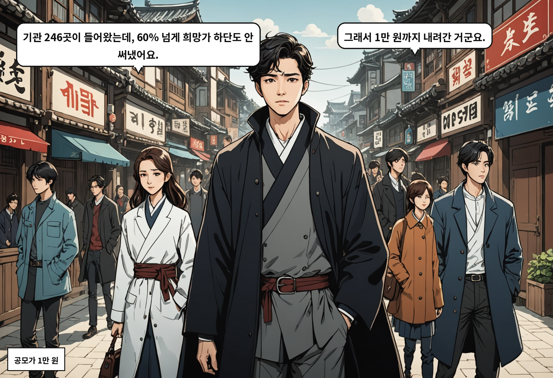 A: 기관 246곳이 들어왔는데, 60% 넘게 희망가 하단도 안 써냈어요. B: 그래서 1만 원까지 내려간 거군요.