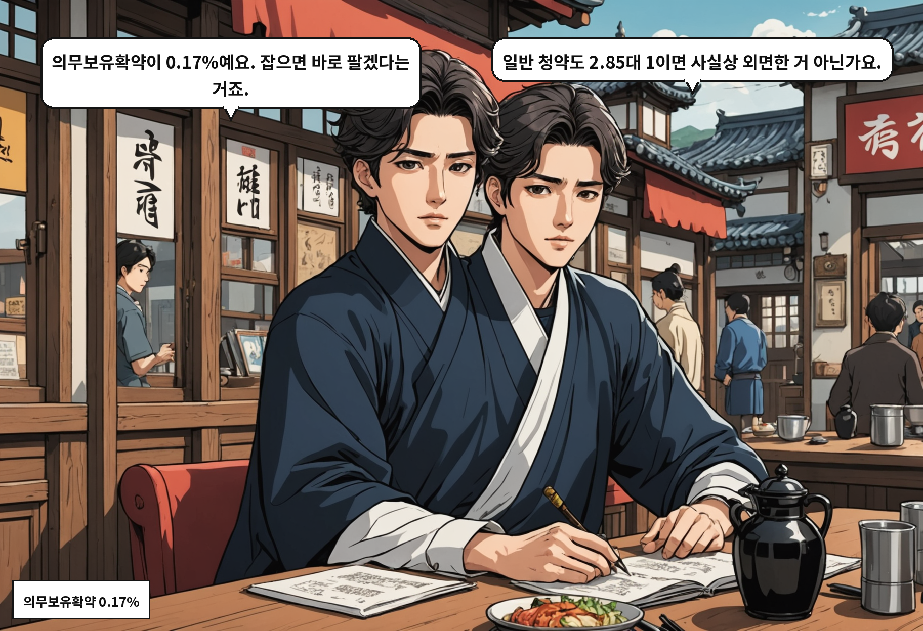 A: 의무보유확약이 0.17%예요. 잡으면 바로 팔겠다는 거죠. B: 일반 청약도 2.85대 1이면 사실상 외면한 거 아닌가요.