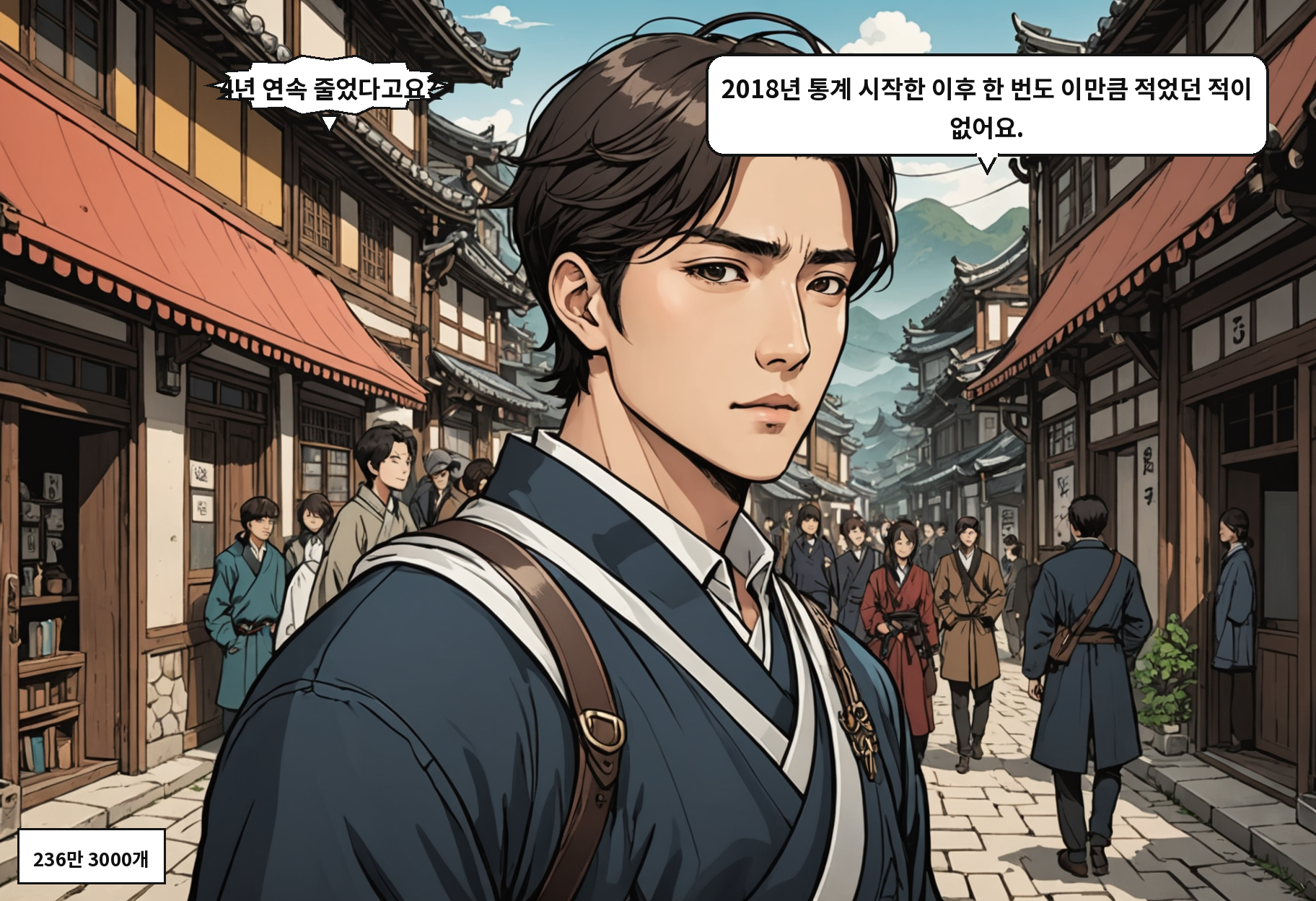 A: 4년 연속 줄었다고요? B: 2018년 통계 시작한 이후 한 번도 이만큼 적었던 적이 없어요.