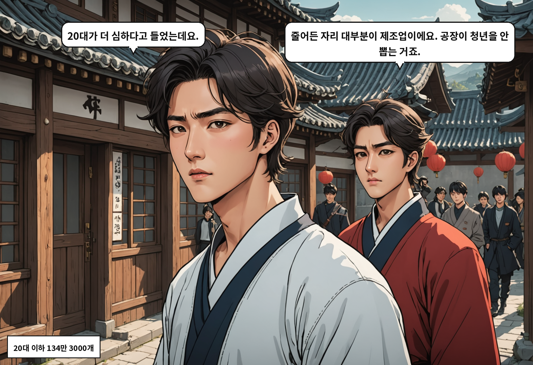 A: 20대가 더 심하다고 들었는데요. B: 줄어든 자리 대부분이 제조업이에요. 공장이 청년을 안 뽑는 거죠.
