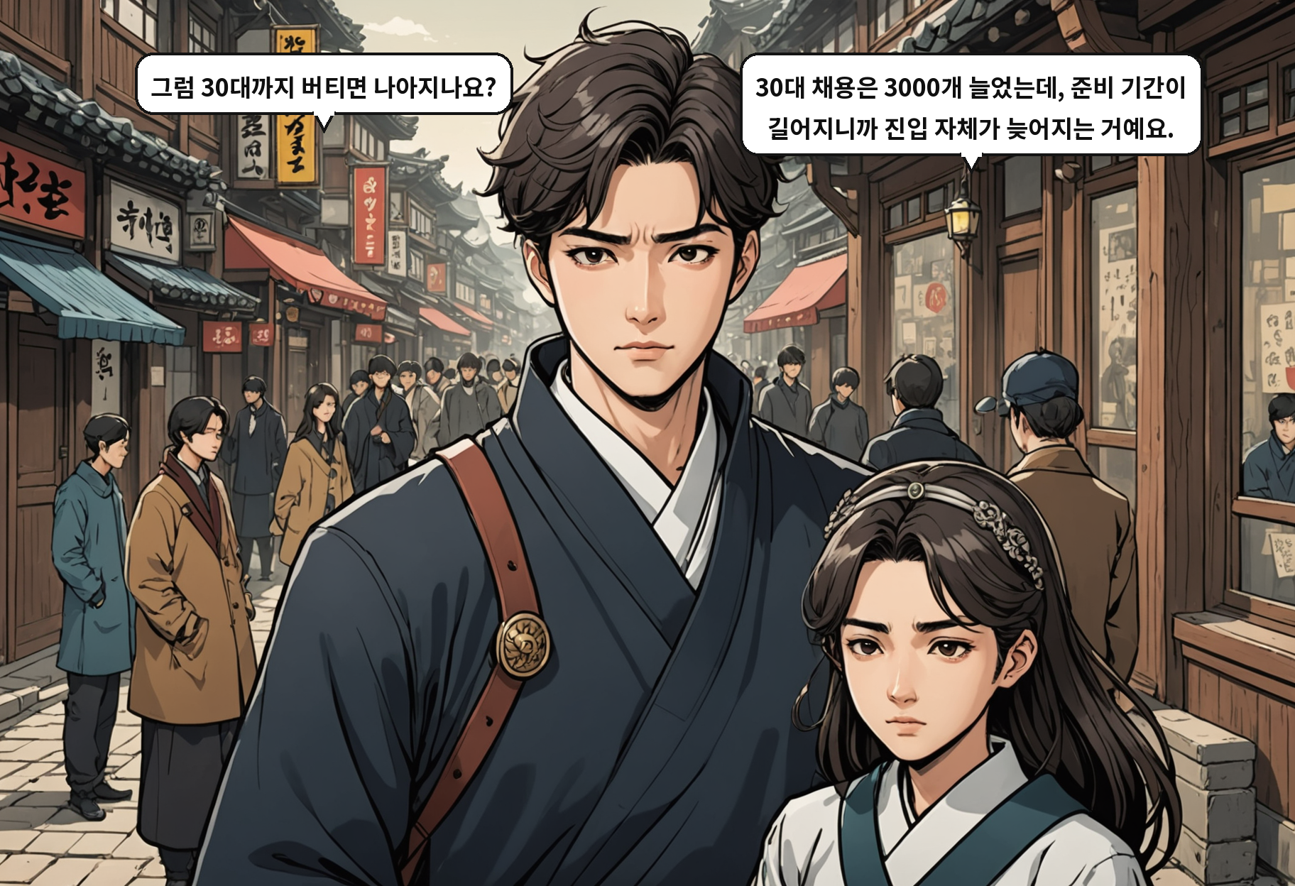 A: 그럼 30대까지 버티면 나아지나요? B: 30대 채용은 3000개 늘었는데, 준비 기간이 길어지니까 진입 자체가 늦어지는 거예요.