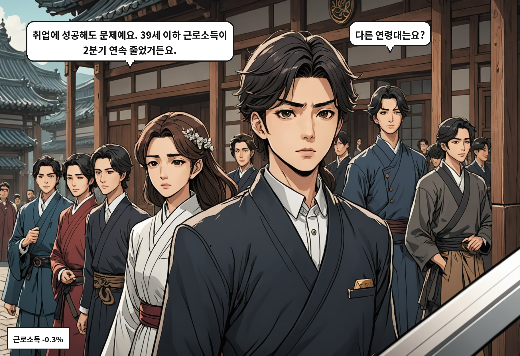 B: 취업에 성공해도 문제예요. 39세 이하 근로소득이 2분기 연속 줄었거든요. A: 다른 연령대는요?