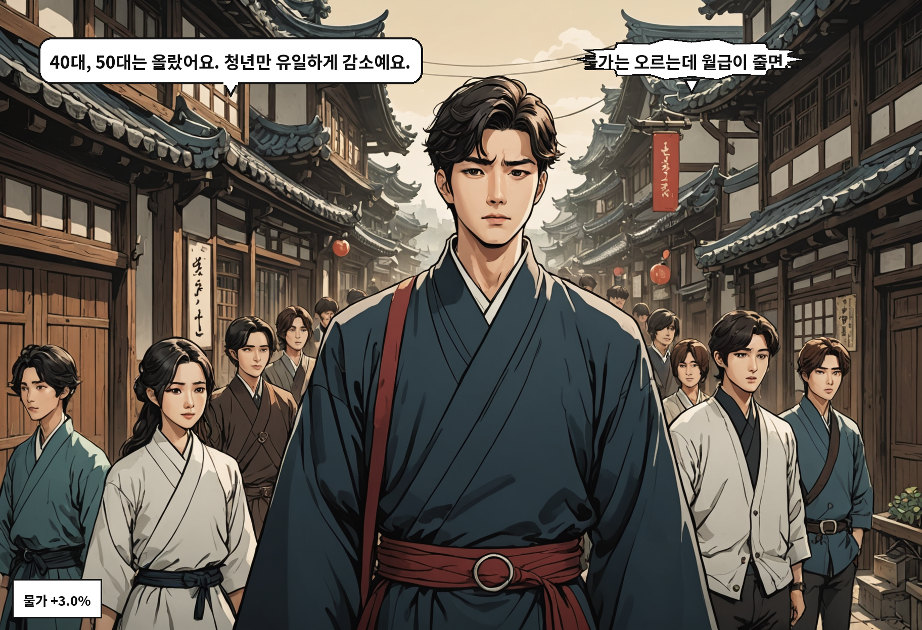 B: 40대, 50대는 올랐어요. 청년만 유일하게 감소예요. A: 물가는 오르는데 월급이 줄면...