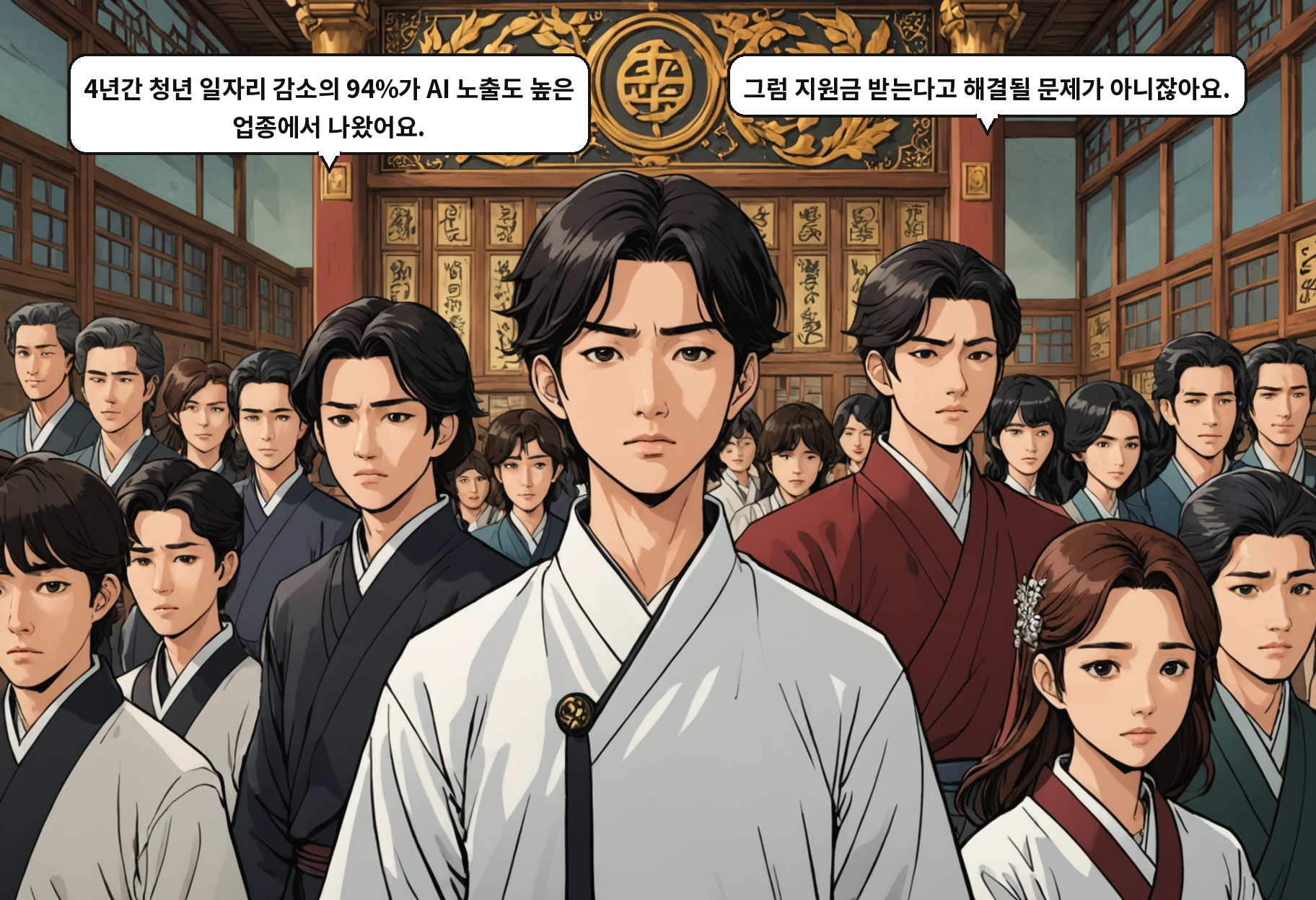 B: 4년간 청년 일자리 감소의 94%가 AI 노출도 높은 업종에서 나왔어요. A: 그럼 지원금 받는다고 해결될 문제가 아니잖아요.