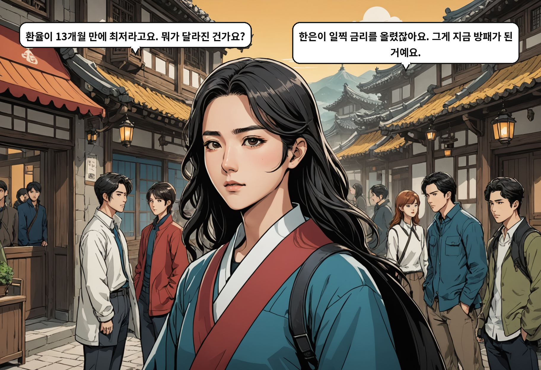A: 환율이 13개월 만에 최저라고요. 뭐가 달라진 건가요? B: 한은이 일찍 금리를 올렸잖아요. 그게 지금 방패가 된 거예요.