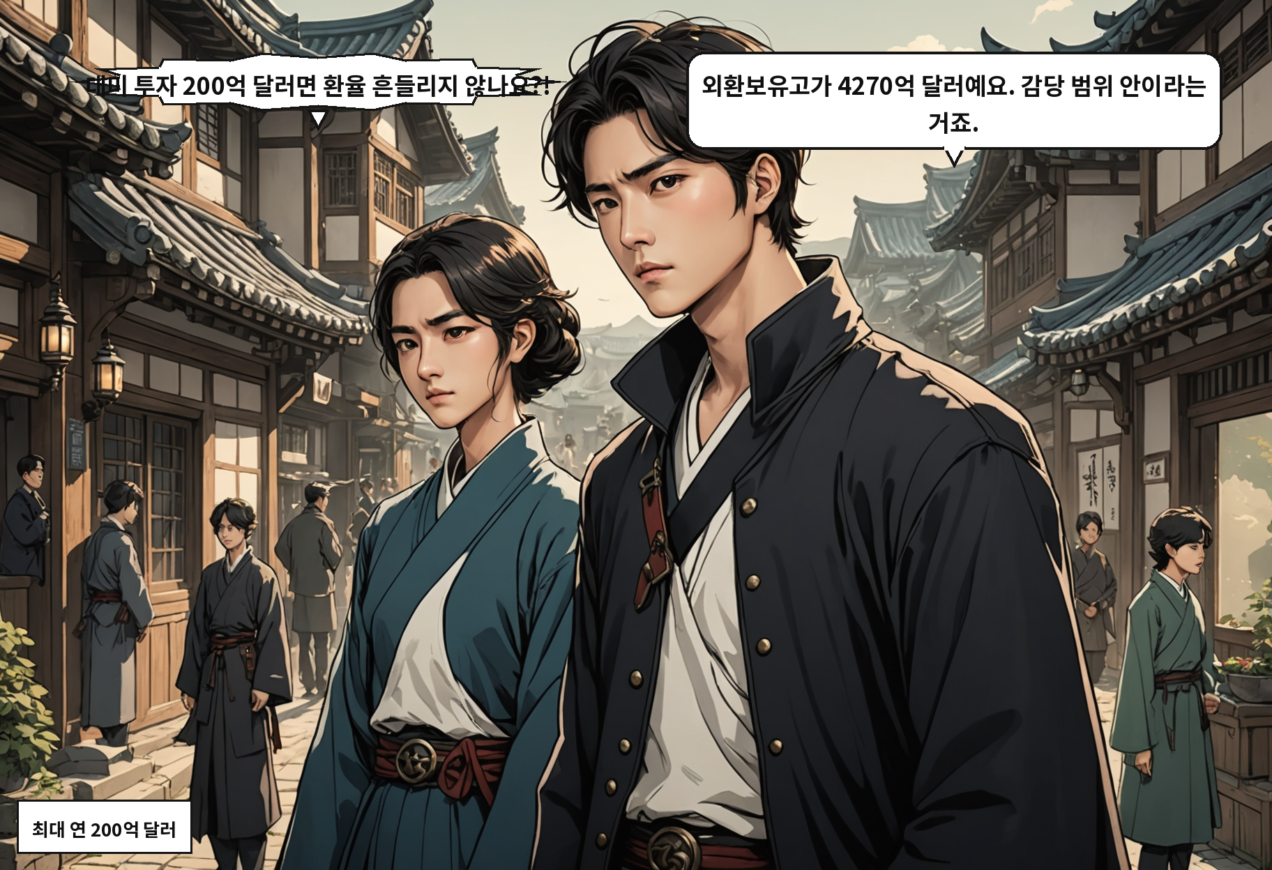 A: 대미 투자 200억 달러면 환율 흔들리지 않나요?! B: 외환보유고가 4270억 달러예요. 감당 범위 안이라는 거죠.