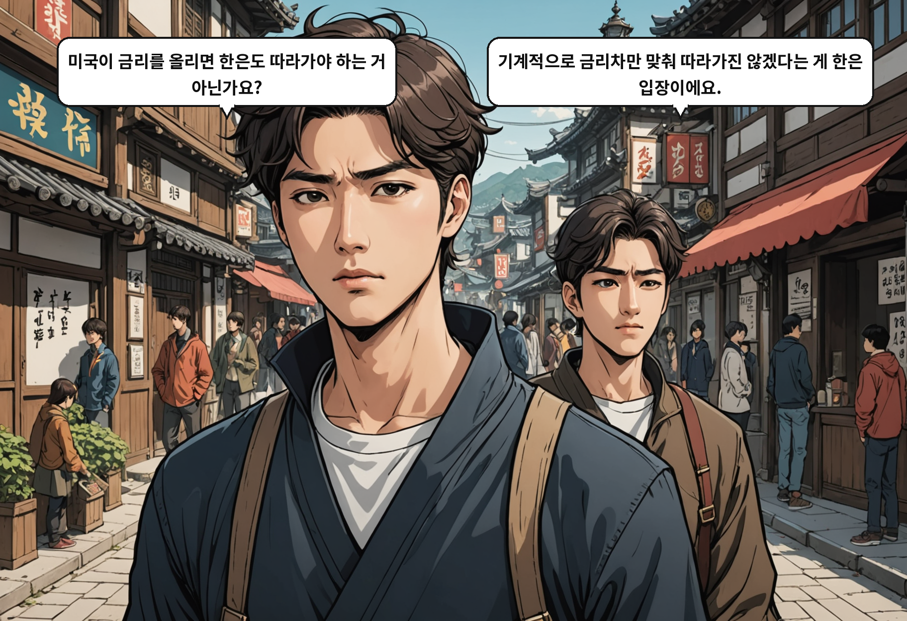 A: 미국이 금리를 올리면 한은도 따라가야 하는 거 아닌가요? B: 기계적으로 금리차만 맞춰 따라가진 않겠다는 게 한은 입장이에요.