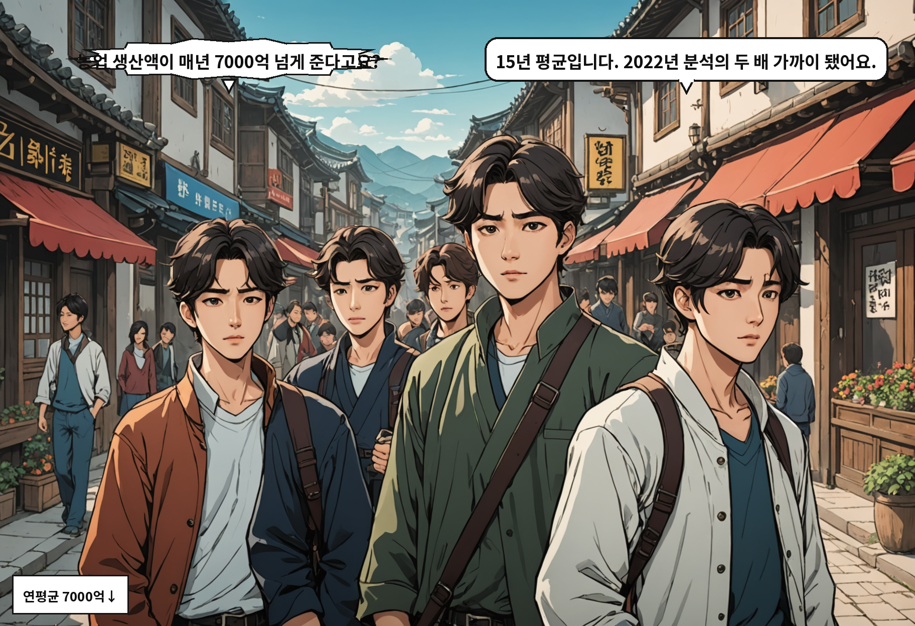 A: 농업 생산액이 매년 7000억 넘게 준다고요? B: 15년 평균입니다. 2022년 분석의 두 배 가까이 됐어요.