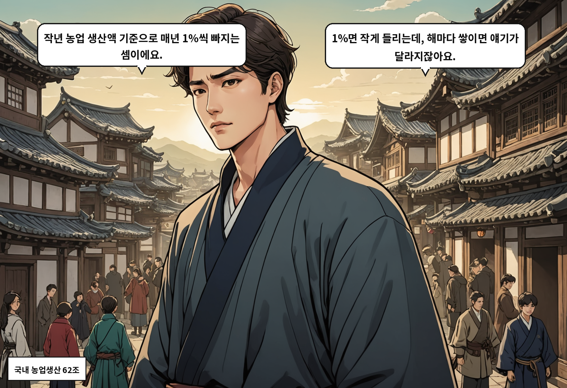 B: 작년 농업 생산액 기준으로 매년 1%씩 빠지는 셈이에요. A: 1%면 작게 들리는데, 해마다 쌓이면 얘기가 달라지잖아요.